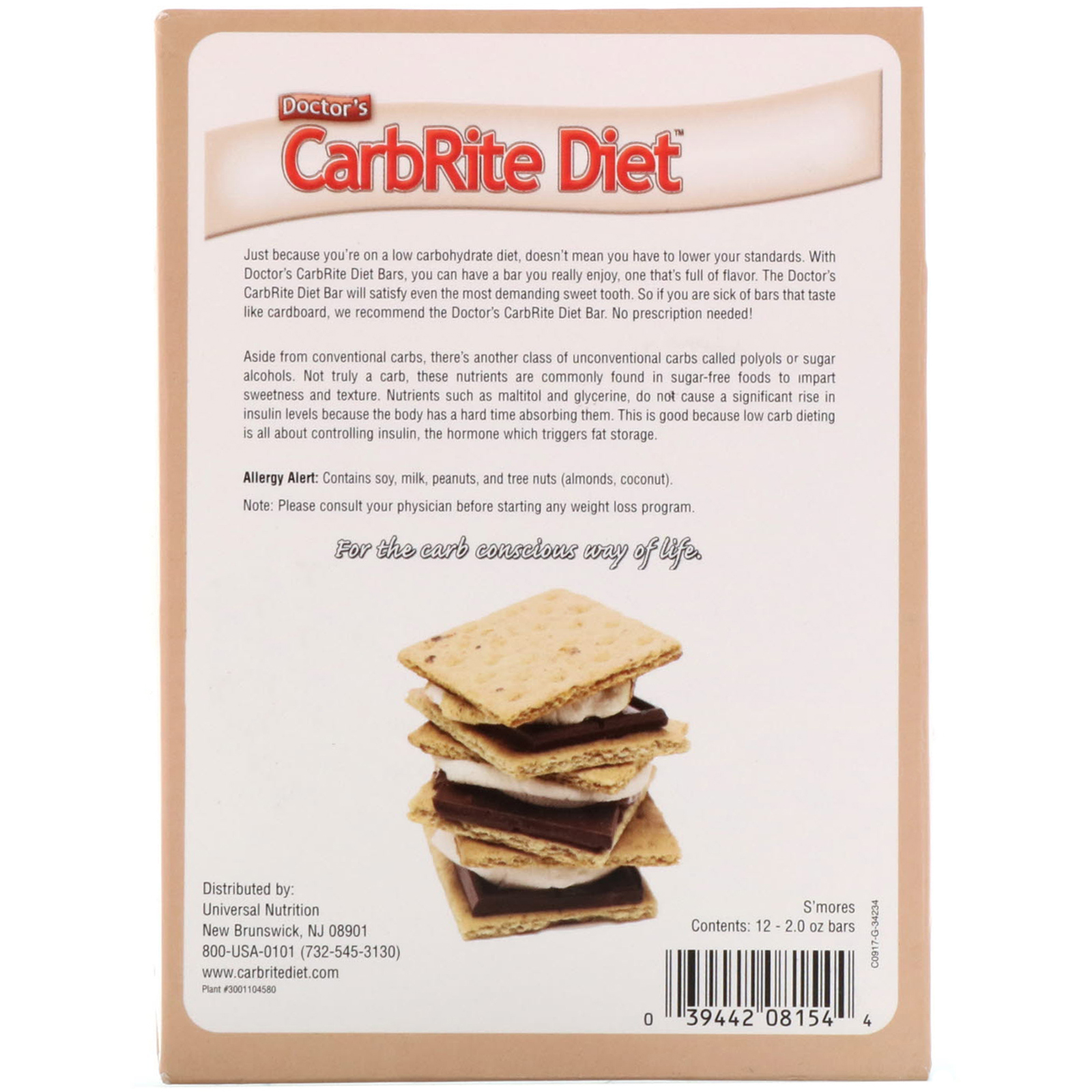 Universal Nutrition, Doctor's CarbRite Diet Bars, Smores, 12 Bars, 2.00 oz (56.7 g) Each - Imagem 3