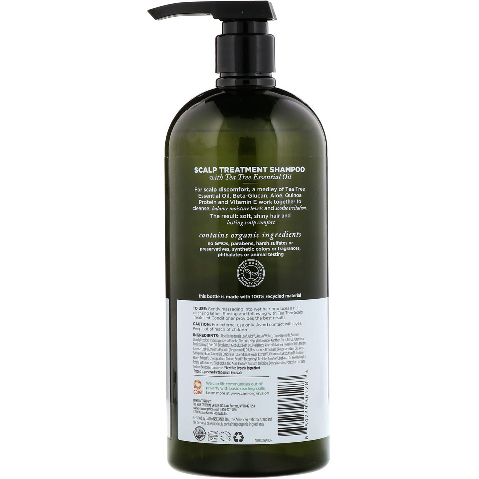 Avalon Organics, Shampoo, Tratamento do couro cabeludo, Tea Tree, 32 fl oz (946 ml) - Imagem 2