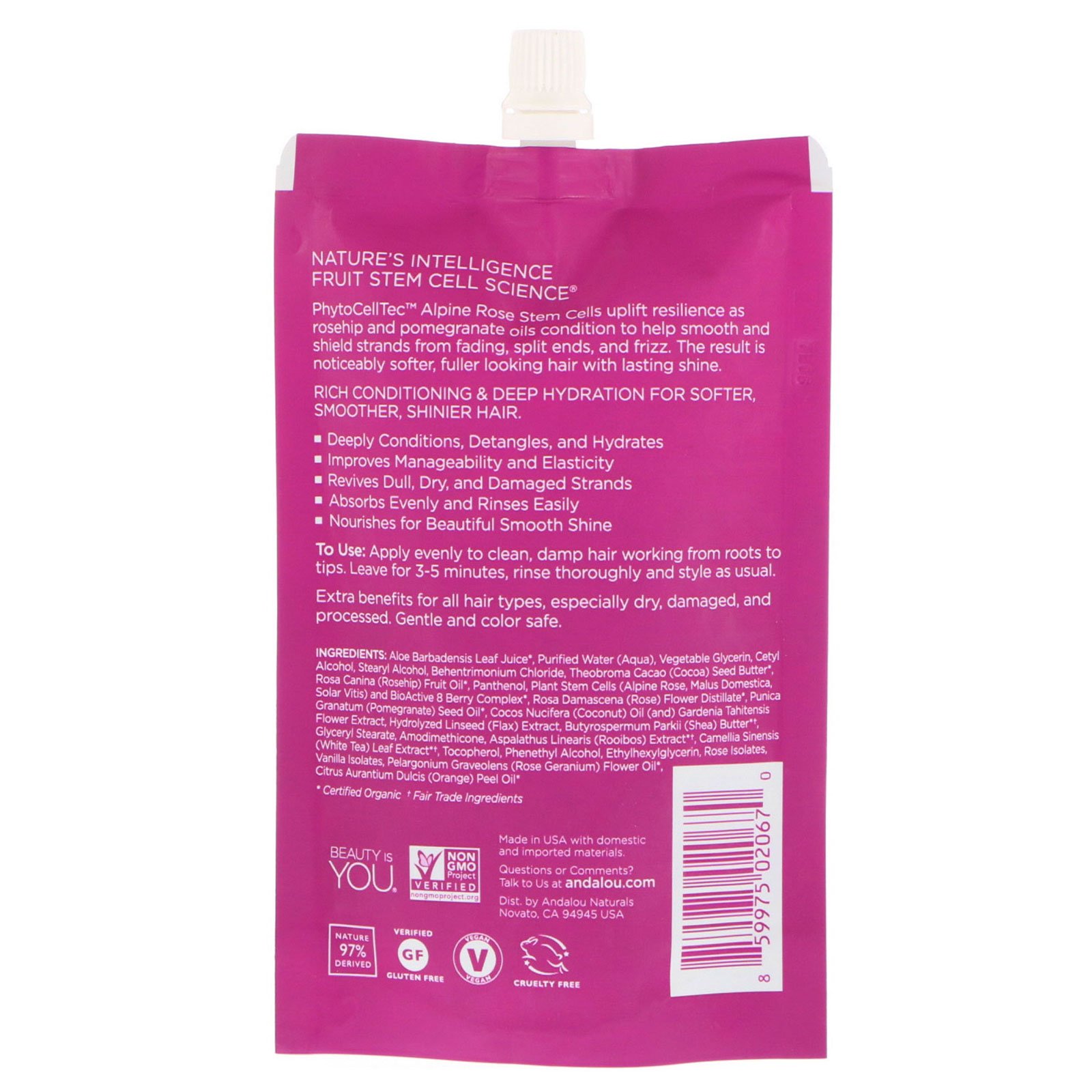 Andalou Naturals, Complexo 1000 Rosas Condicionamento Profundo, Tratamento de Cores, Máscara Capilar, 44 ml - Imagem 2