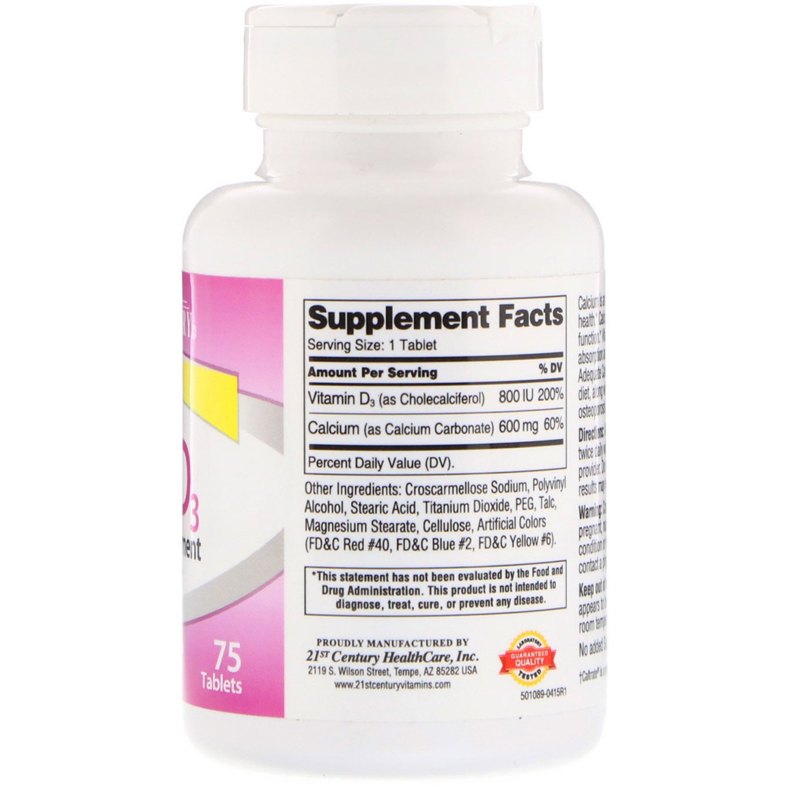 21st Century, 600+D3, Calcium Supplement, 75 Tablets - Imagem 2