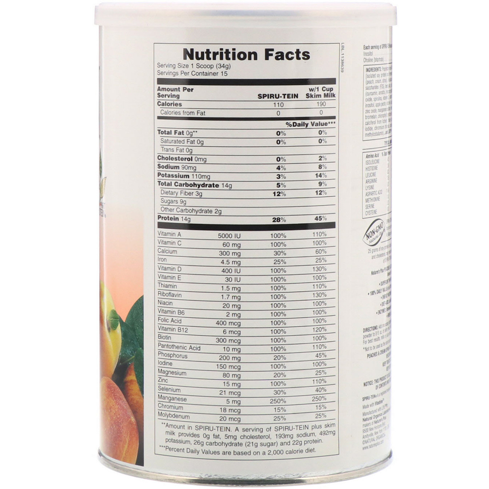 Nature's Plus, Spiru-Tein, Alimento Energético Altamente Proteico, Pêssegos e Creme, 1,1 lbs (510 g) - Imagem 2