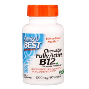 Doctor's Best, B12 Mastigável Totalmente Ativo, Chocolate Menta, 1.000 mcg, 60 Comprimidos