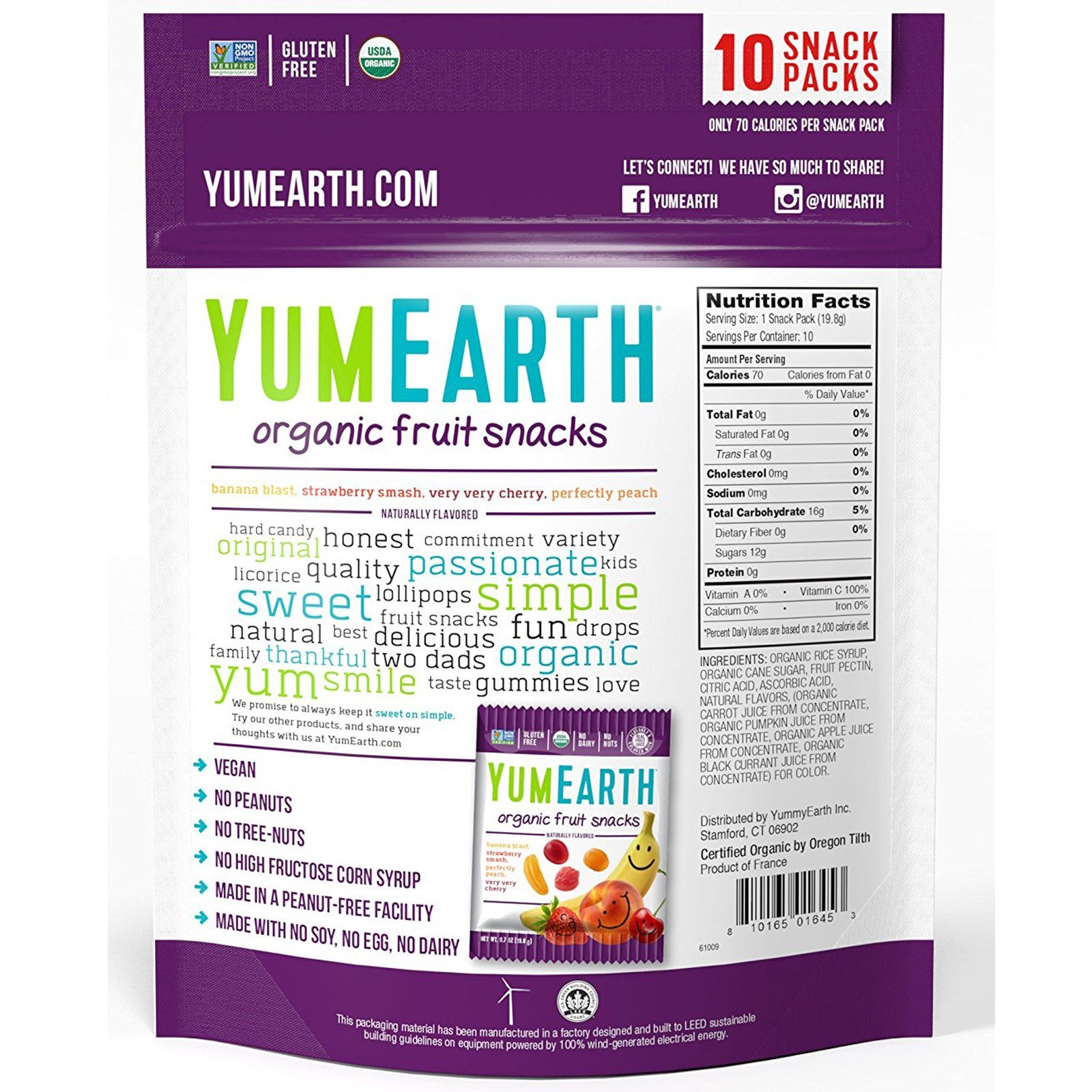 YumEarth, Lanche de Frutas Orgânicas, Original, 10 Pacotes, 0,7 oz (19,8 g) Cada - Imagem 2