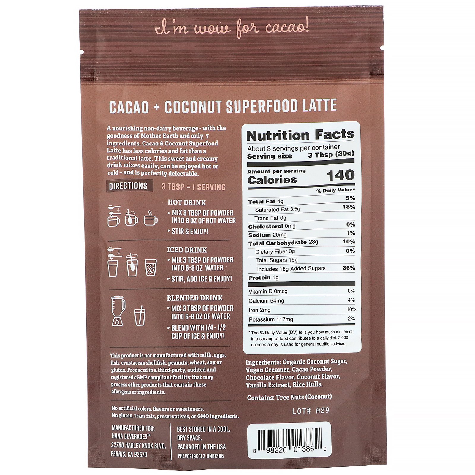 Hana Beverages, Latte de Cacau e Coco, Bebida de Superalimento Sem Café, 3,3 oz (93,6 g) - Imagem 2