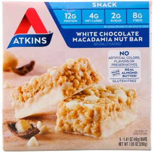 Atkins, Lanches, Barra de Nozes de Macadâmia com Chocolate Branco, 5 Barras, 40 g (1,41 oz) Cada