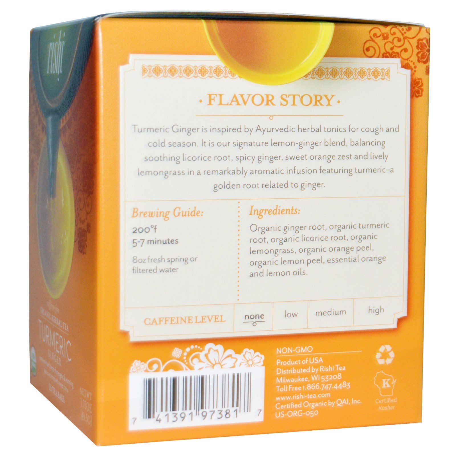 Rishi Tea, Chá de Ervas Orgânico, Gengibre de Açafrão, Sem Cafeína, 15 Saquinhos de Chá, 49,5 g (1,75 oz) - Imagem 2