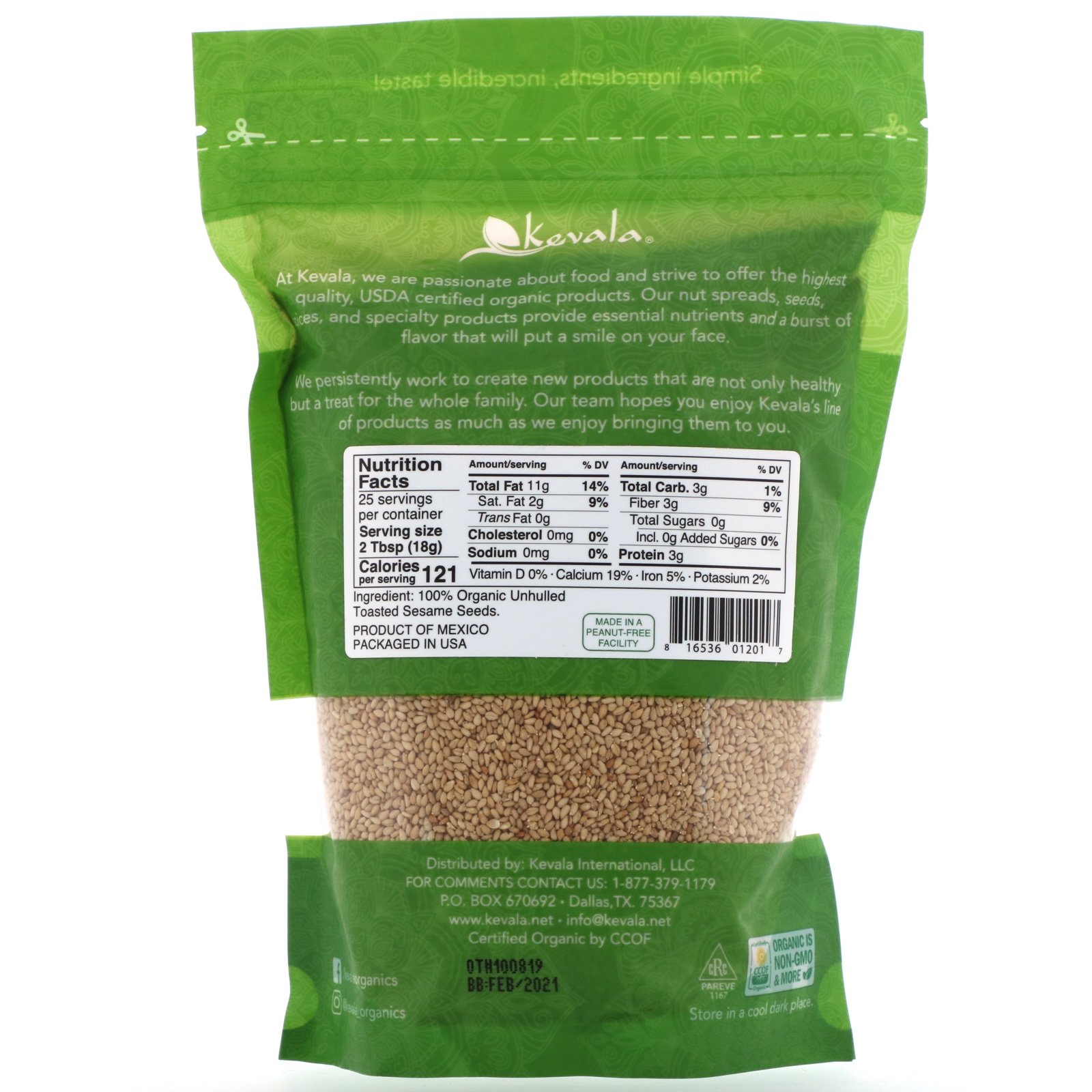 Kevala, Organic Toasted Sesame Seeds, Unhulled, 16 oz (454 g) - Imagem 2