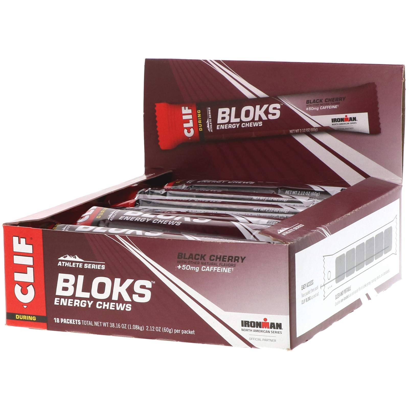 Clif Bar, Energéticos Mastigáveis Bloks, Cereja Preta + 50 mg de Cafeína, 18 Saches, 2,12 oz (60 g) Cada