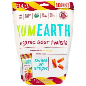 YumEarth, Tranças orgânicas amargas, Limonada e Melancia, 10 pacotes de petiscos, 0,7 onças (19,8 g) cada