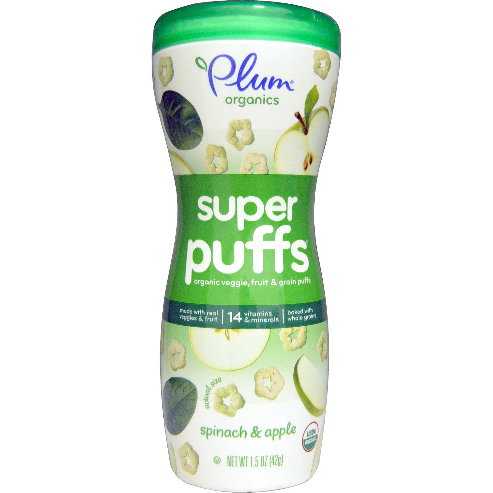 Plum Organics, Super Puffs, Biscoitos Puffs de Vegetais, Frutas e Grãos Orgânicos, Espinafre e Maçã, 42 g (1,5 oz)