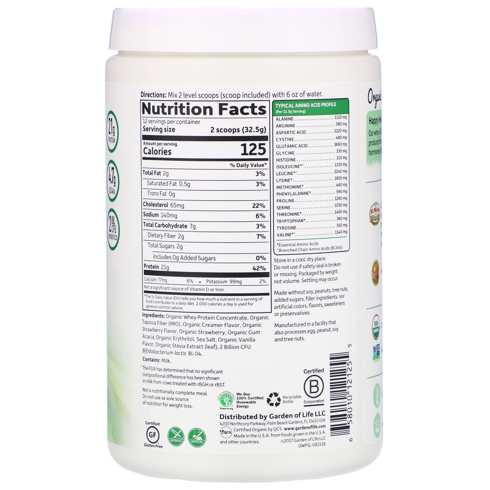 Garden of Life, Organic Whey Protein Grass-Fed, Strawberry, 13.75 oz (390 g) - Imagem 2