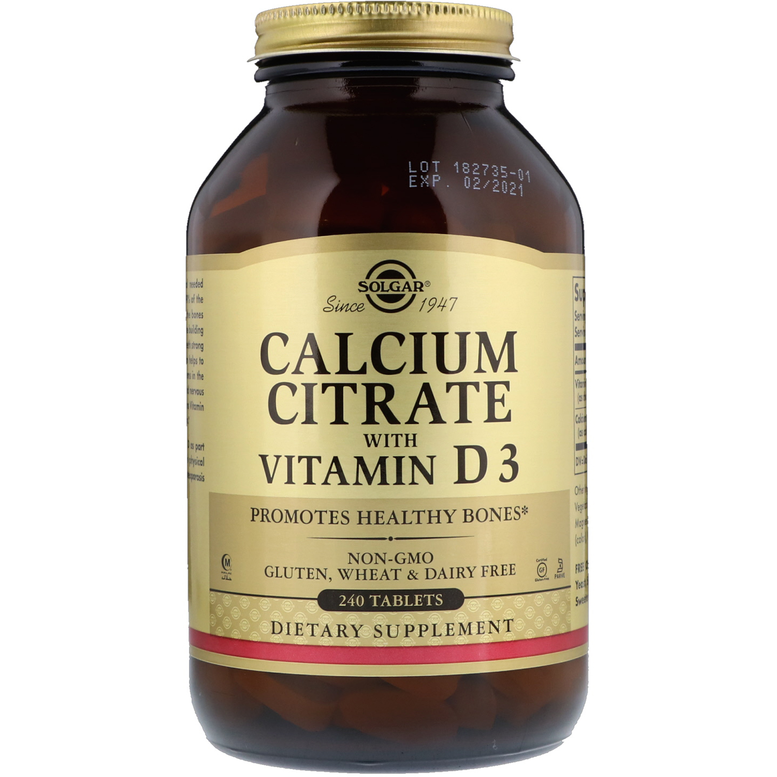 Solgar, Citrato de cálcio com vitamina D3, 240 comprimidos