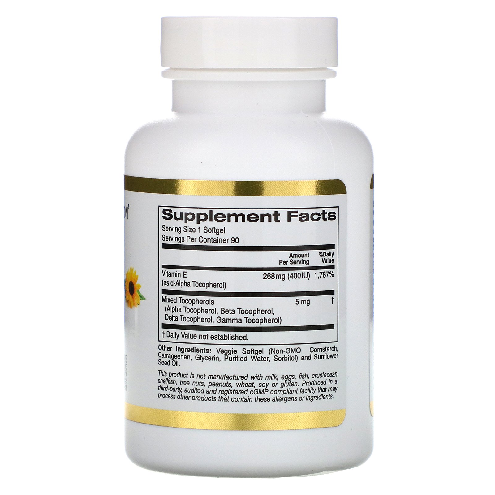 California Gold Nutrition, Vitamina E de Girassol, com Mistura de Tocoferóis, 400 UI, 90 Cápsulas de Softgel de Origem Vegetal - Imagem 2