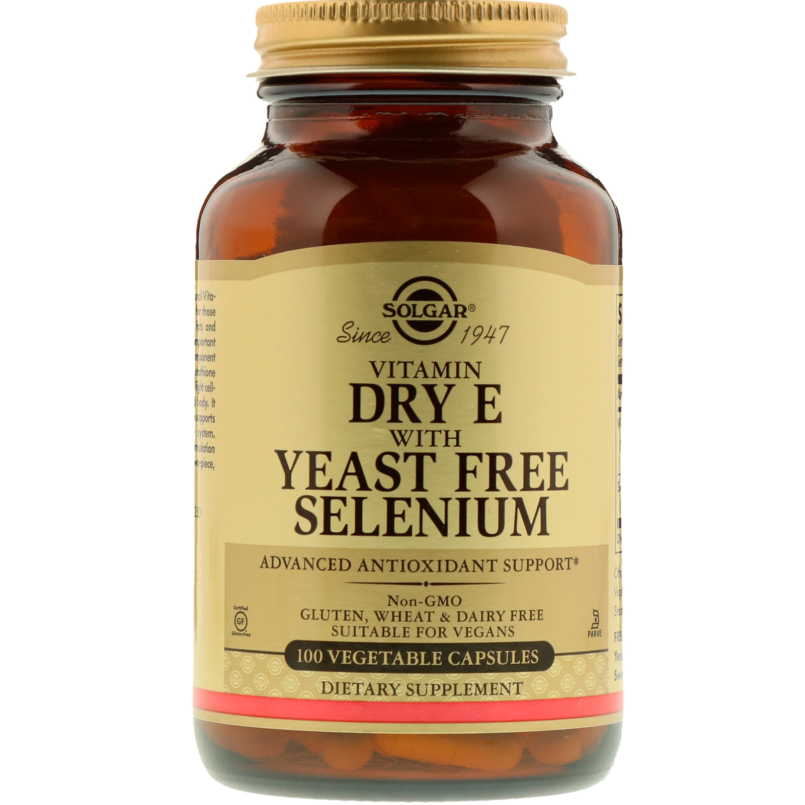 Solgar, Vitamina E Seca com Selênio Sem Levedura, 100 Cápsulas Vegetais