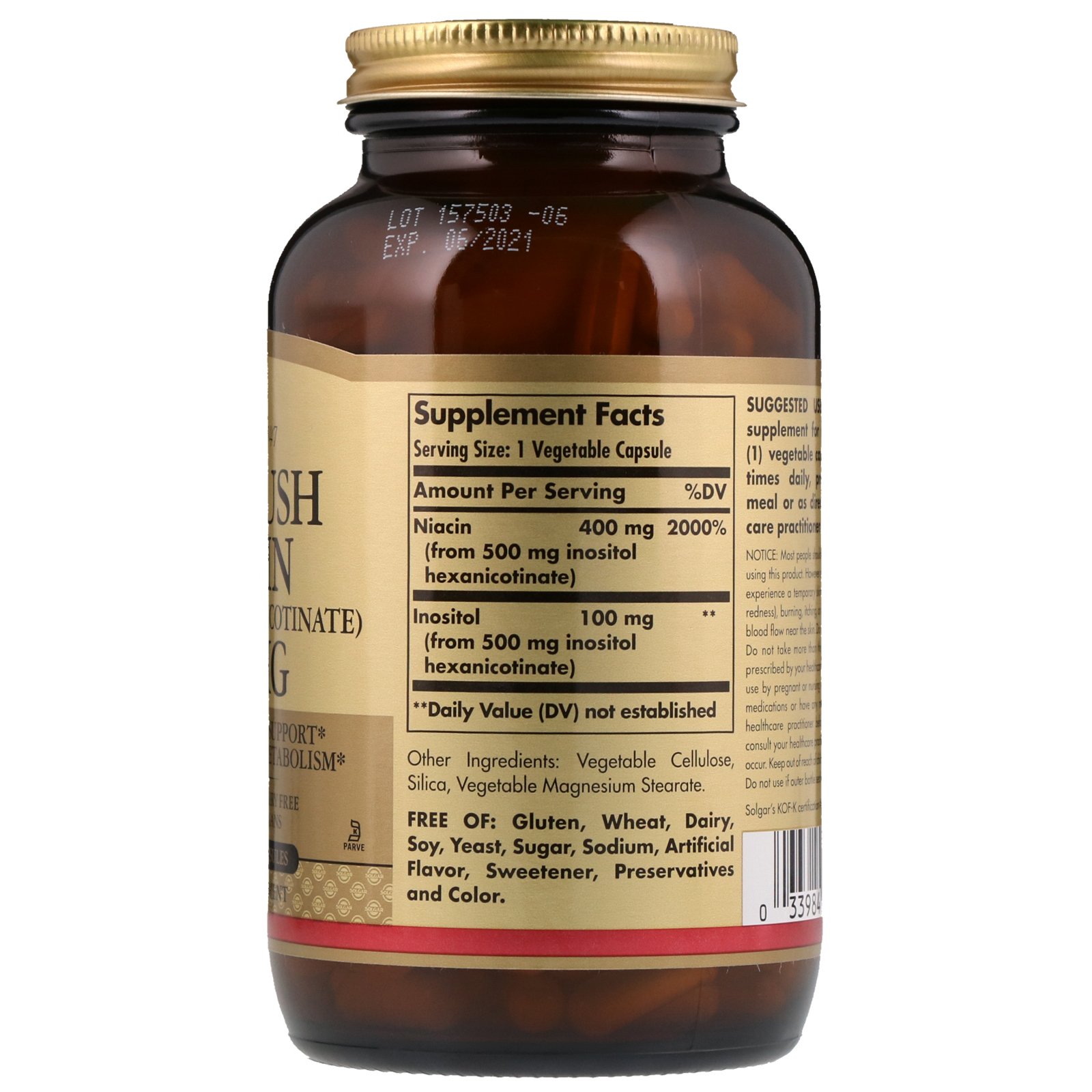 Solgar, No-Flush Niacin, 500 mg, 250 Vegetable Capsules - Imagem 2