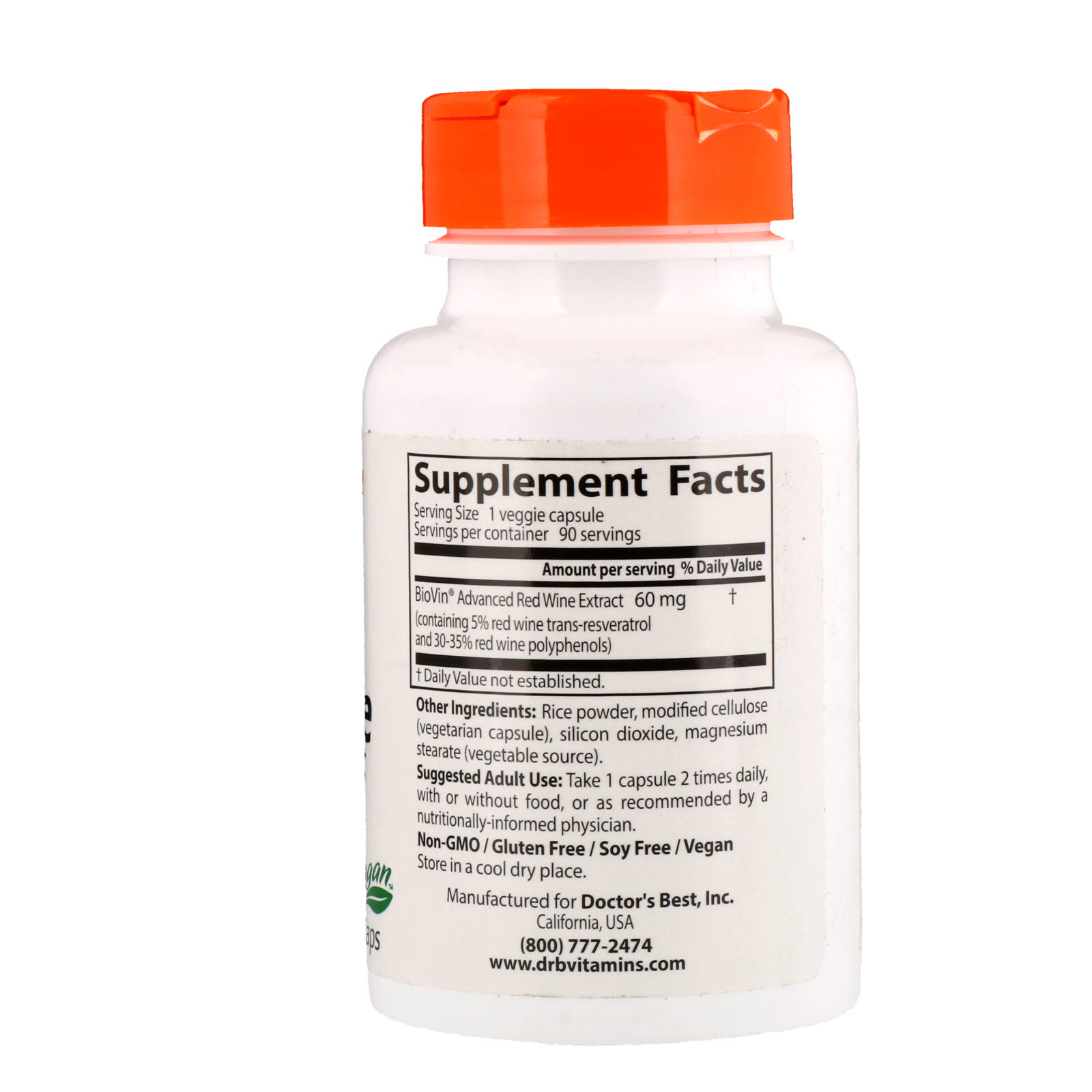 Doctor's Best, Extrato de Vinho Tinto de Uvas Francesas, 60 mg, 90 Veggie Caps - Imagem 2