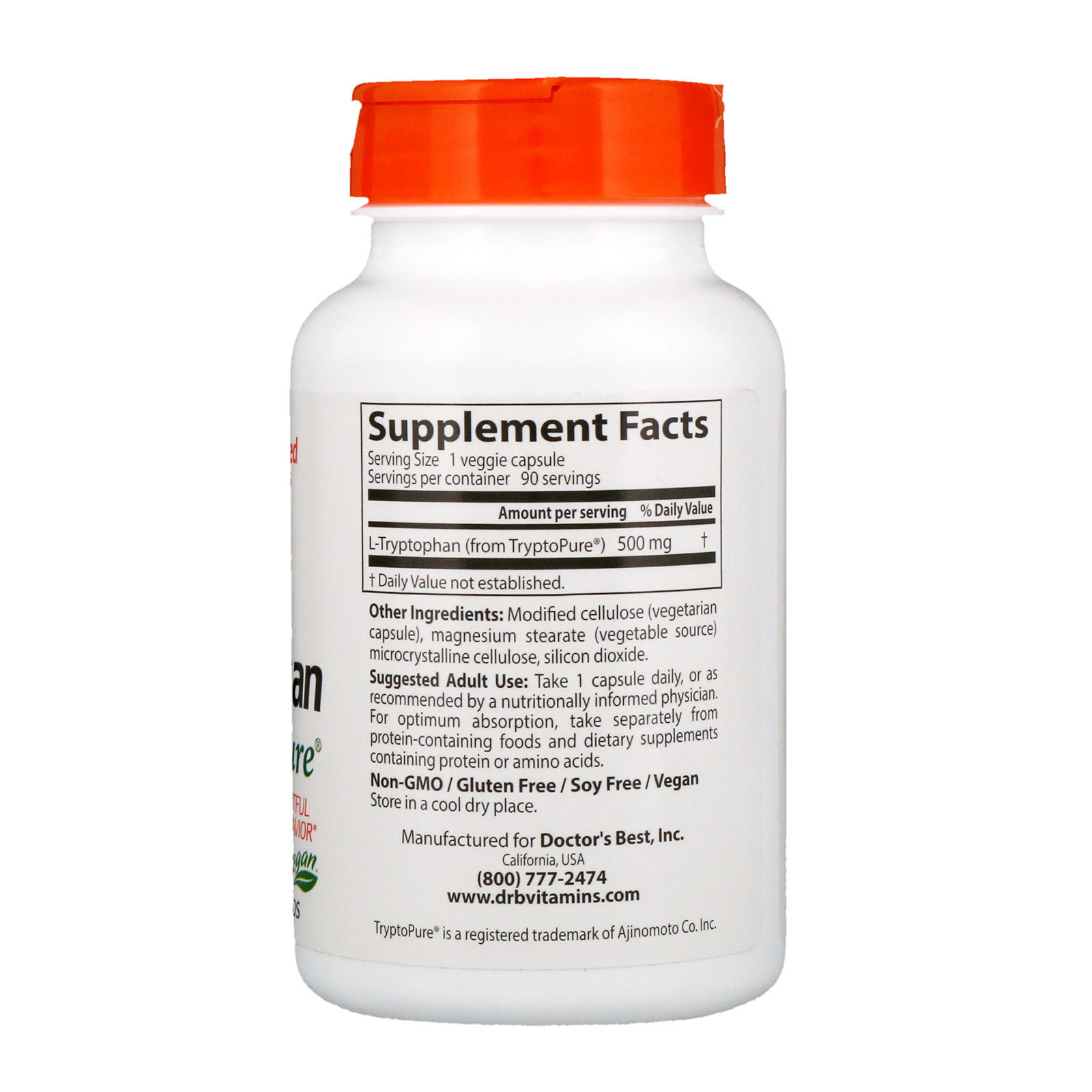 Doctor's Best, L-Tryptophan with TryptoPure, 500 mg, 90 Veggie Caps - Imagem 2