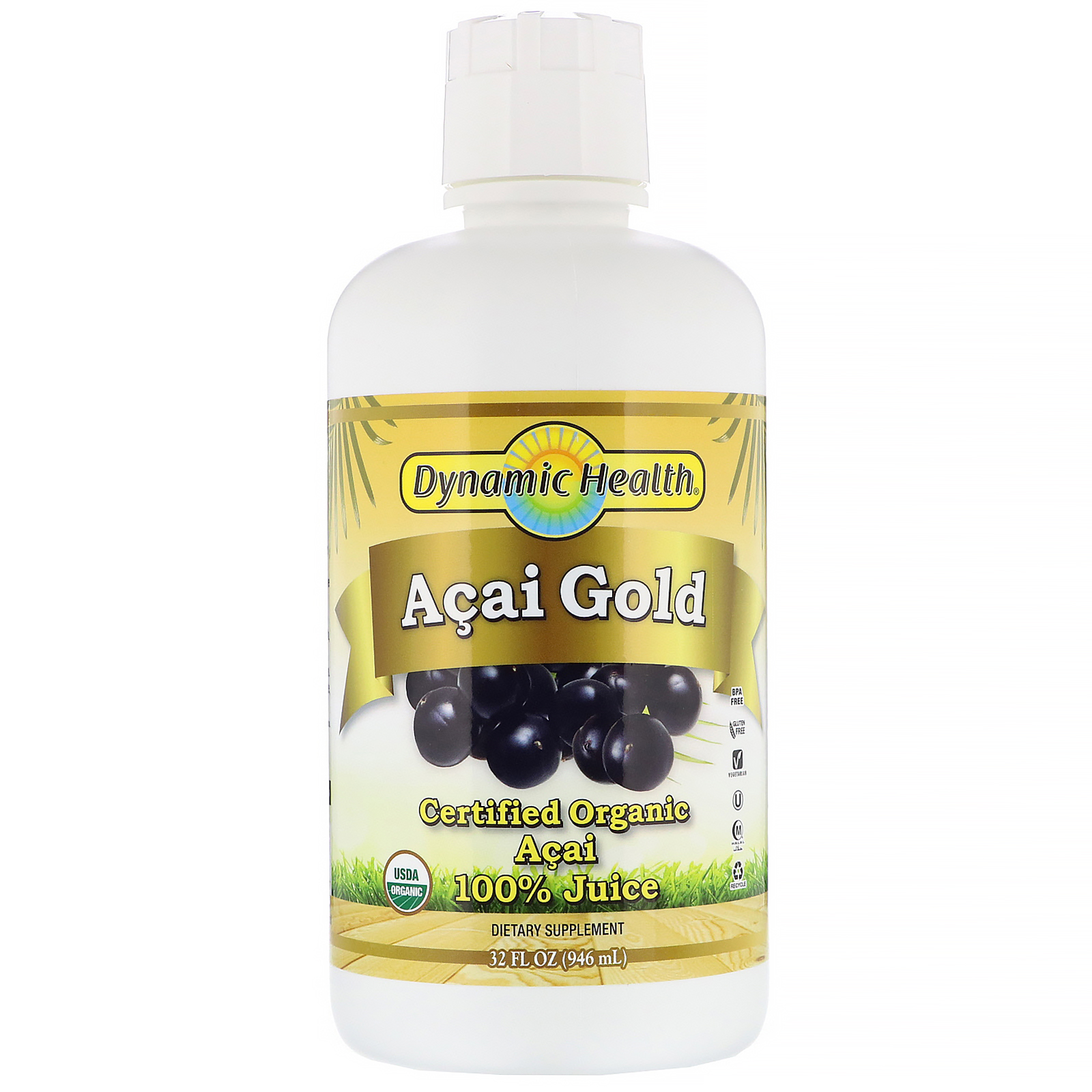 Dynamic Health Laboratories, Suco de Açaí Gold 100% Orgânico Certificado, 946 ml (32 fl oz)