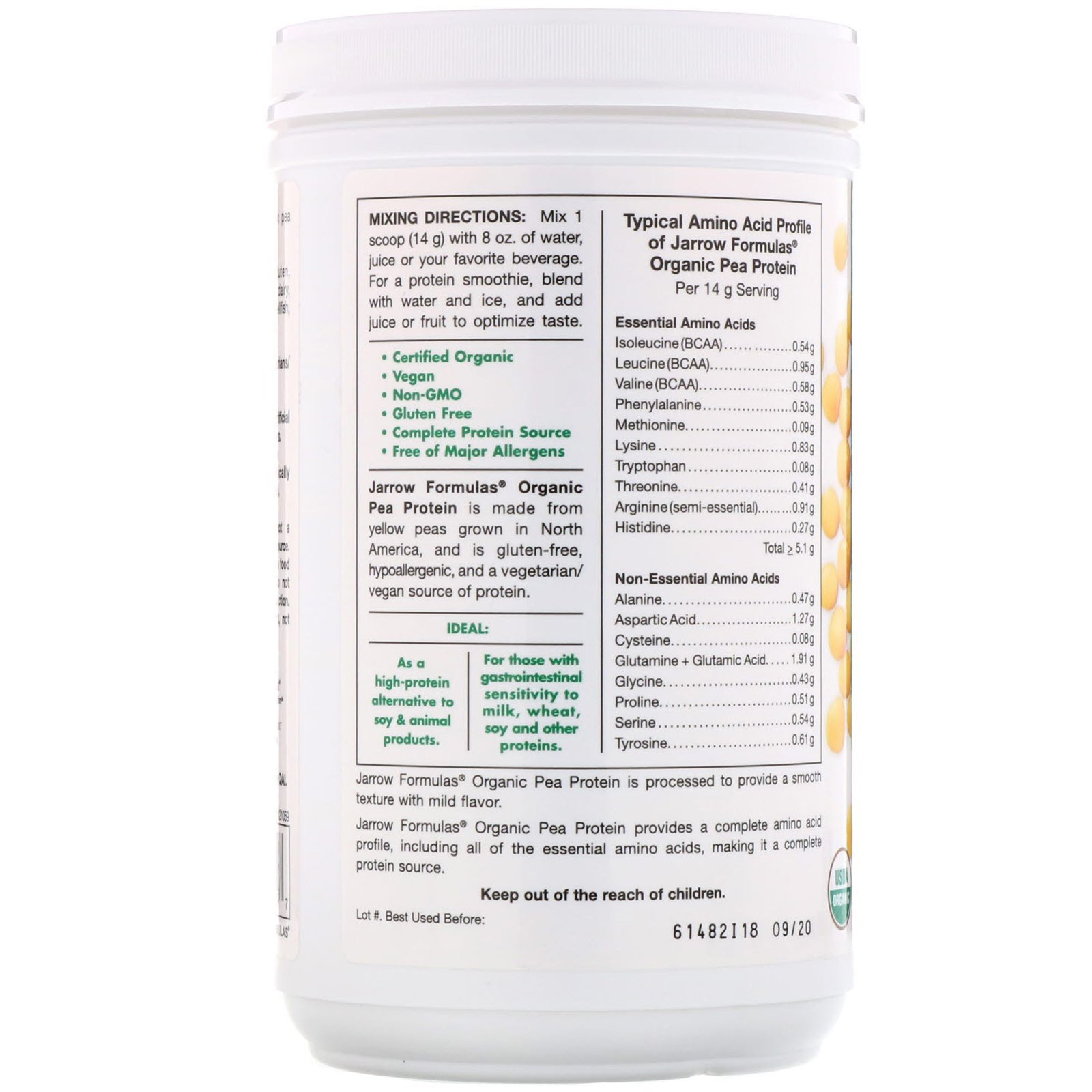 Jarrow Formulas, Proteína de Ervilha com Certificação Orgânica, 454 g (16 oz) - Imagem 3