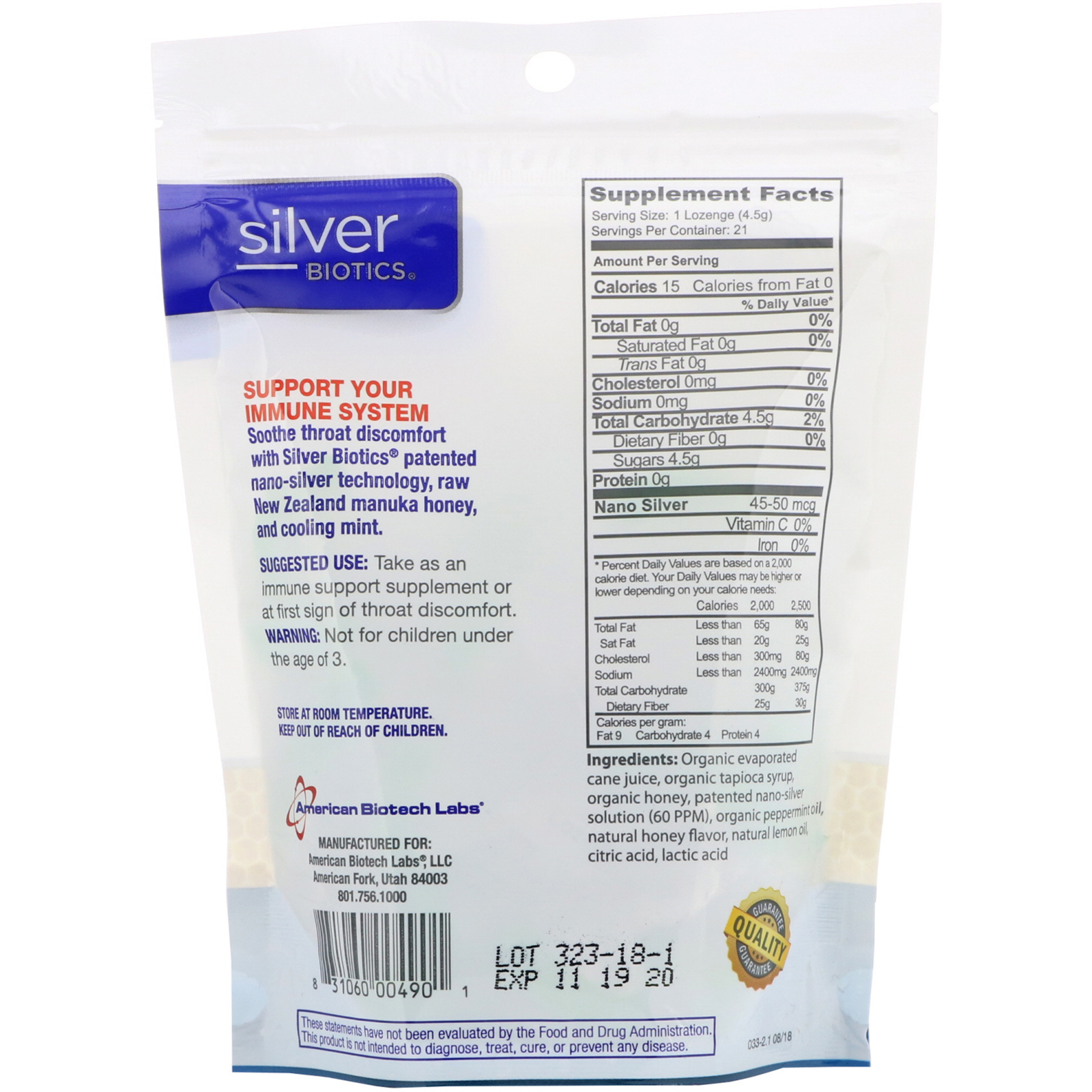 American Biotech Labs, Silver Biotics, Pastilhas de Prata, 60 PPM de SilverSol, Poderosa Manuka com Menta, 21 pastilhas - Imagem 2