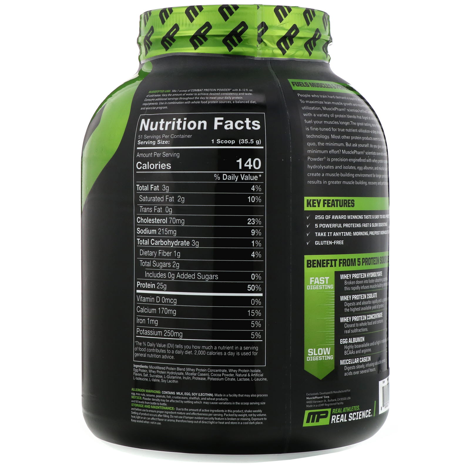 MusclePharm, Combat Protein Powder, Leite com Chocolate Extremo, 1814 g (4 lb) - Imagem 2