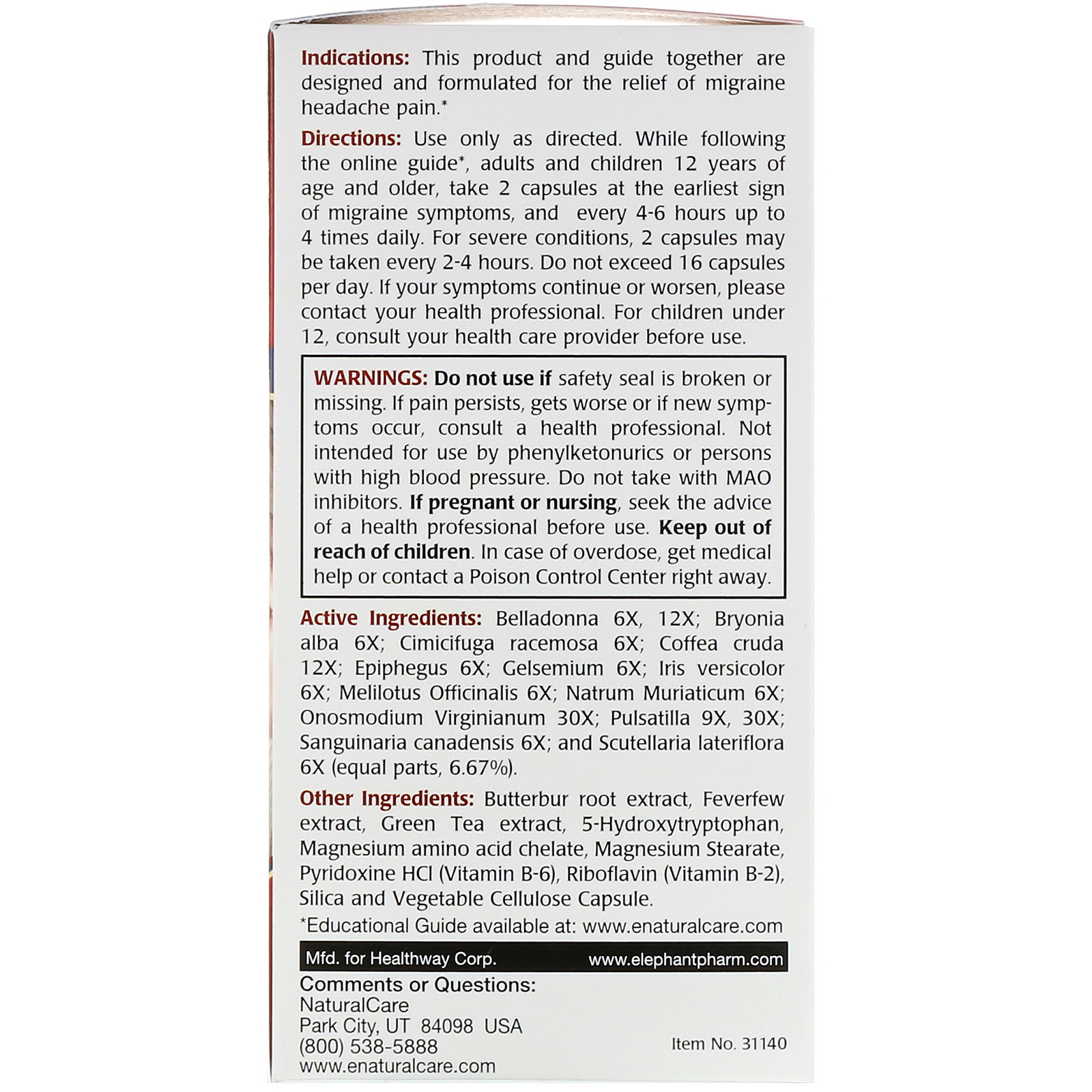 NaturalCare, Migraine, For Men and Women, 60 Vegetarian Capsules - Imagem 2