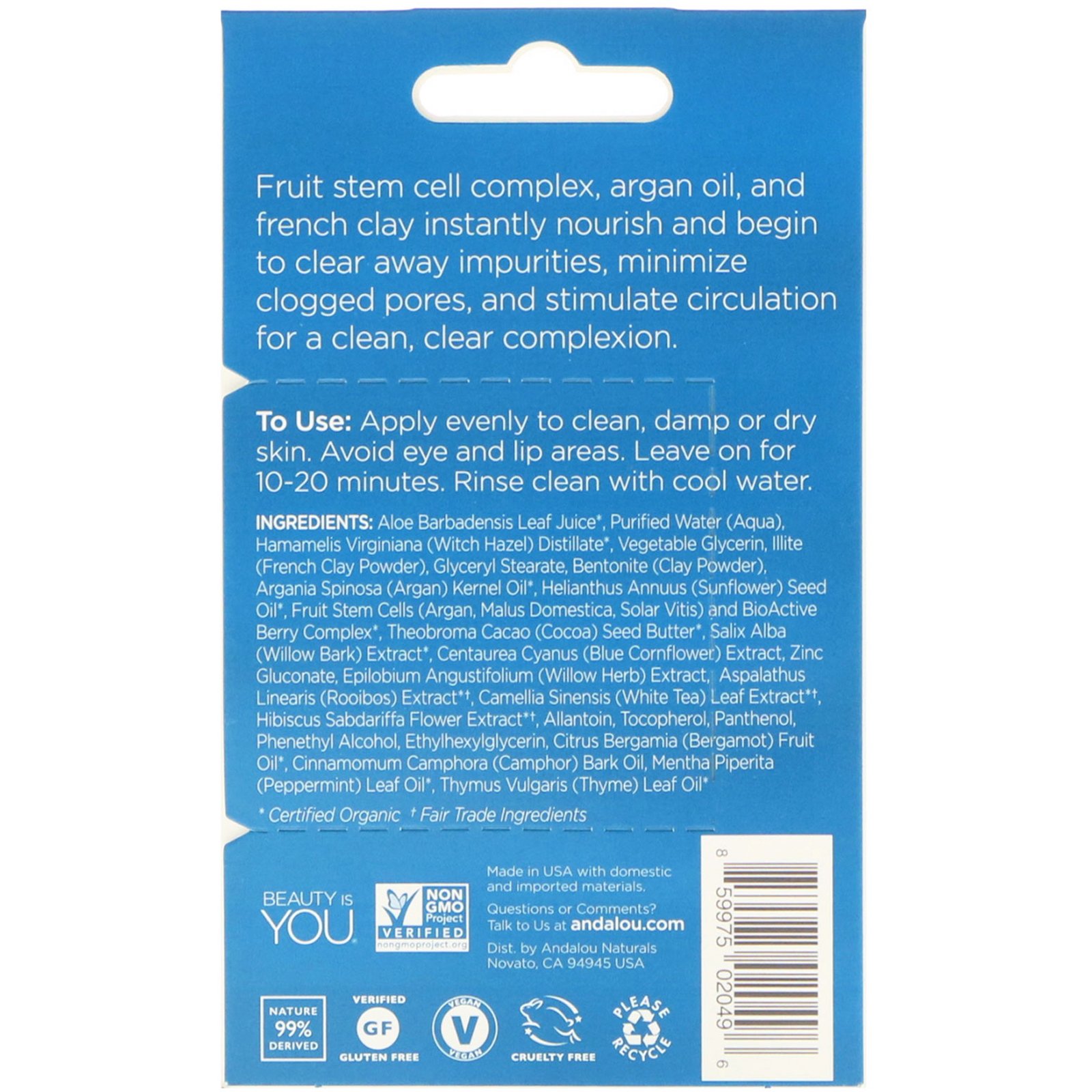 Andalou Naturals, Clareza Instantânea, Máscara Facial de Argila Azul e Óleo de Argan, 0,28 oz (8 g) - Imagem 2