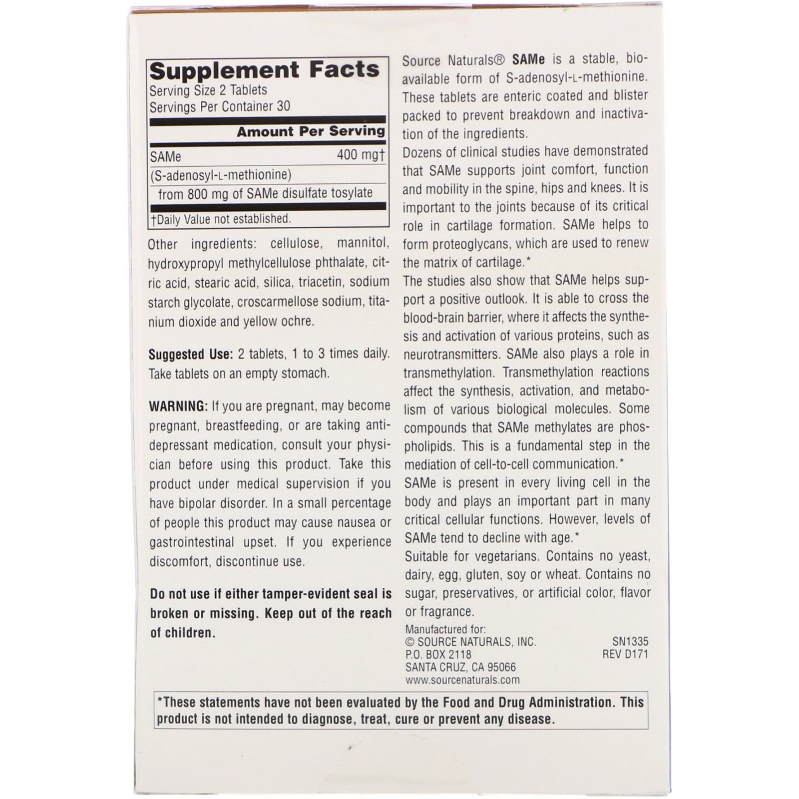 Source Naturals, SAMe, 200 mg, 60 Enteric Coated Tablets - Imagem 2