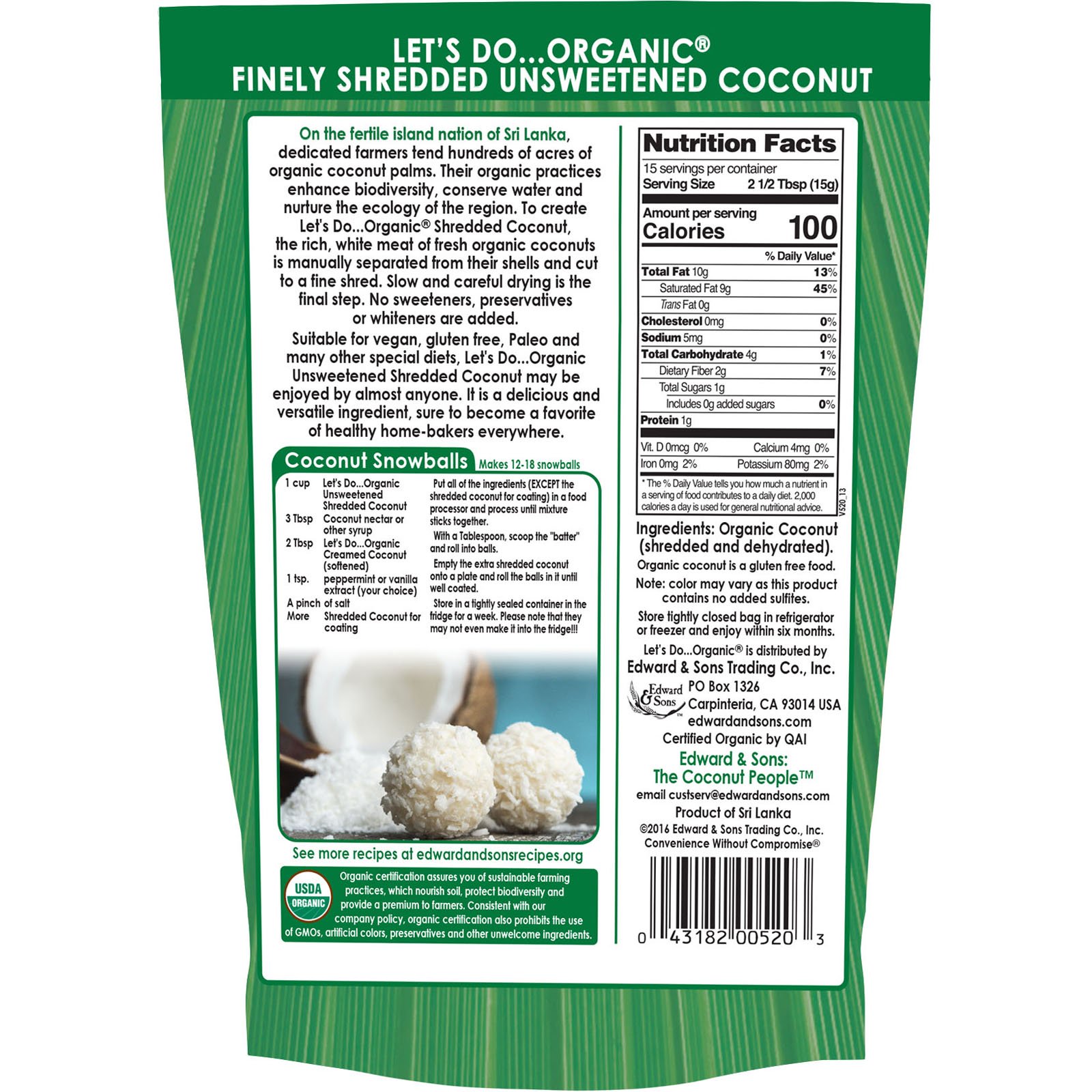 Edward & Sons, Edward & Sons, Let's Do Organic, 100% Organic Unsweetened Shredded Coconut, 8 oz (227 g) - Imagem 2