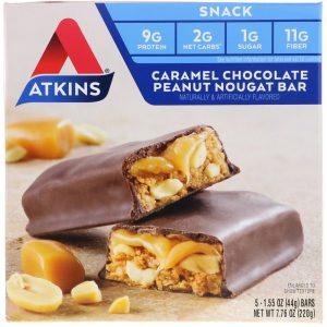 Atkins, Snack, Caramel Chocolate Peanut Nougat Bar, 5 Barrinhas, 44 g (1,6 oz) Cada