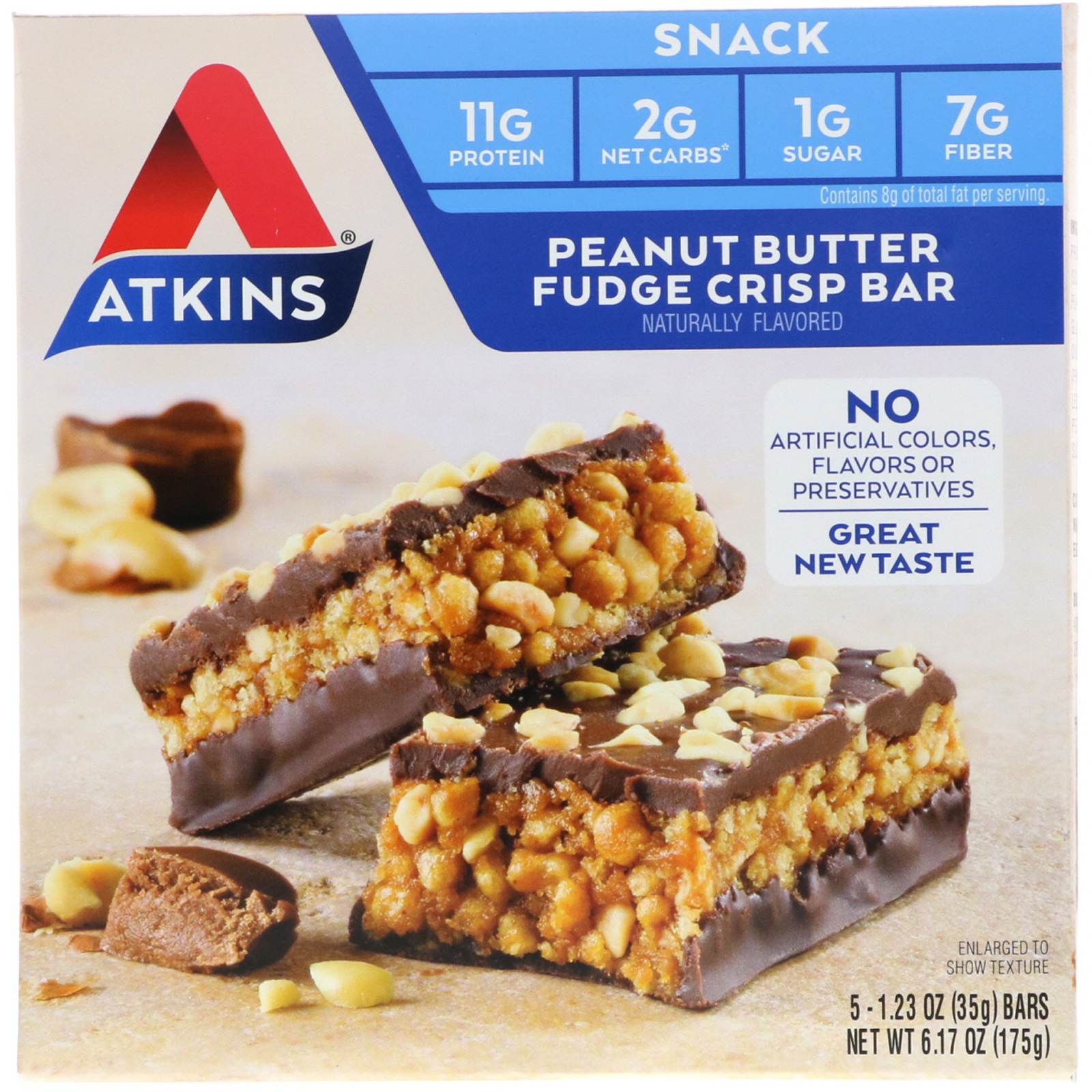 Atkins, Snack, Peanut Butter Fudge Crisp Bar, 5 Barrinhas, 35 g (1,2 oz) Cada