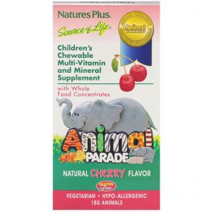 Nature's Plus, Fonte de Vida, Animal Parade, Suplemento Multivitamínico e Multimineral Mastigável para Crianças, Sabor Natural de Cereja, 180 Bichinhos