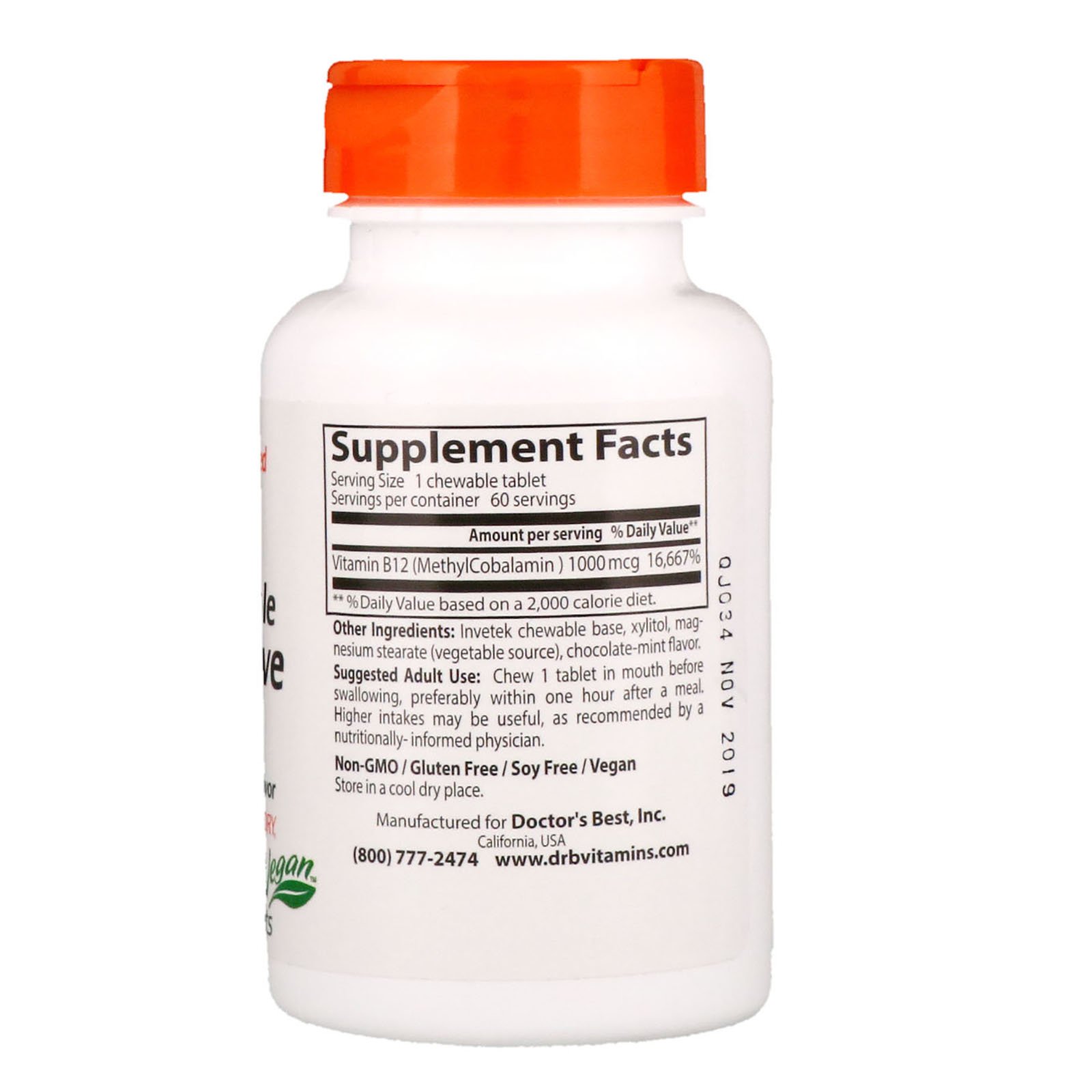 Doctor's Best, B12 Mastigável Totalmente Ativo, Chocolate Menta, 1.000 mcg, 60 Comprimidos - Imagem 2