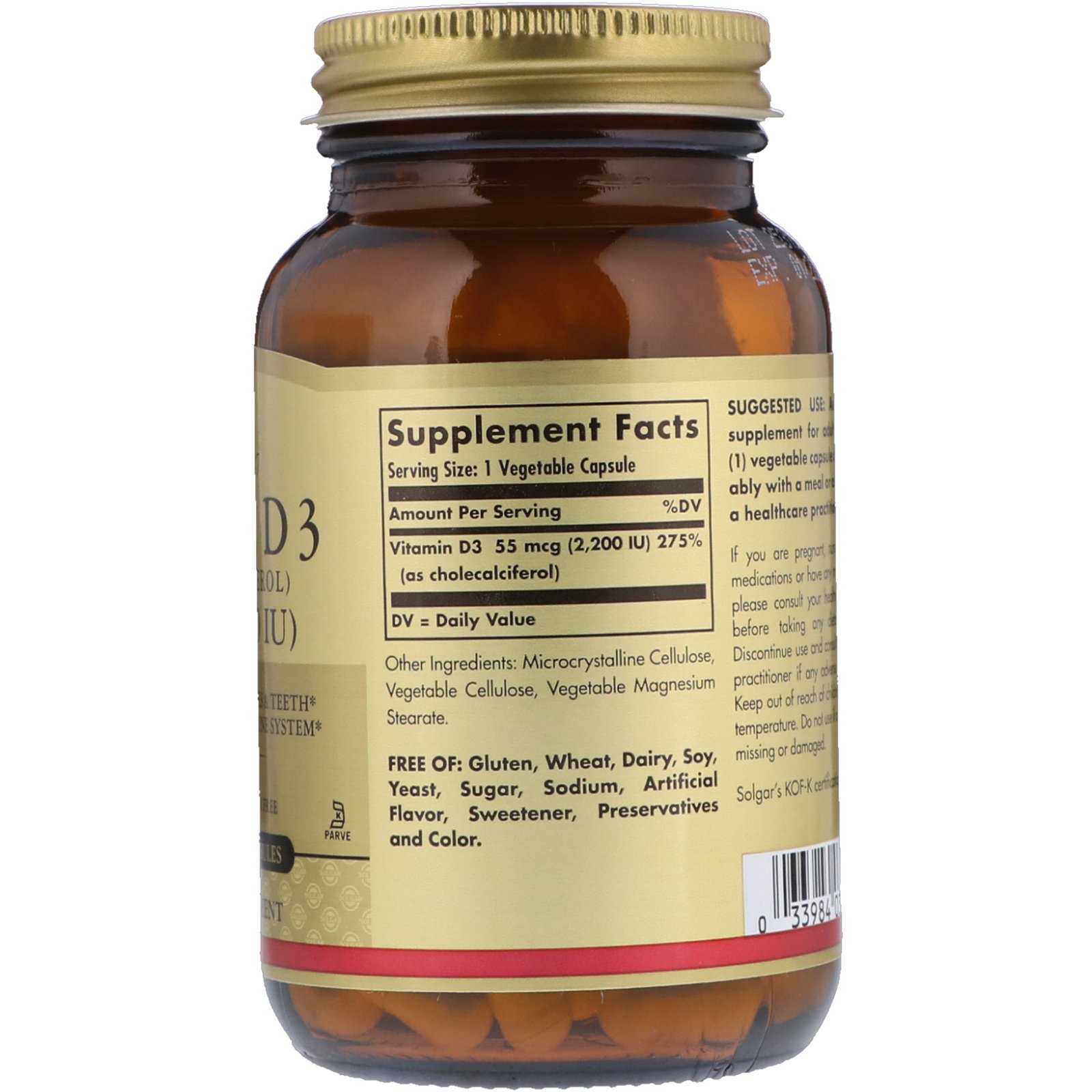Solgar, Vitamin D3 (Cholecalciferol), 55 mcg (2,200 IU), 100 Vegetable Capsules - Imagem 2