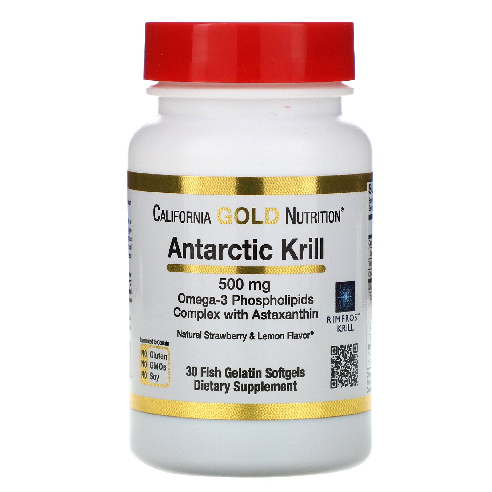 California Gold Nutrition, Óleo de Krill Antártico, com Astaxantina, RIMFROST, Aroma Natural de Morango e Limão, 500 mg, 30 Cápsulas Softgel de Gelatina de Peixe