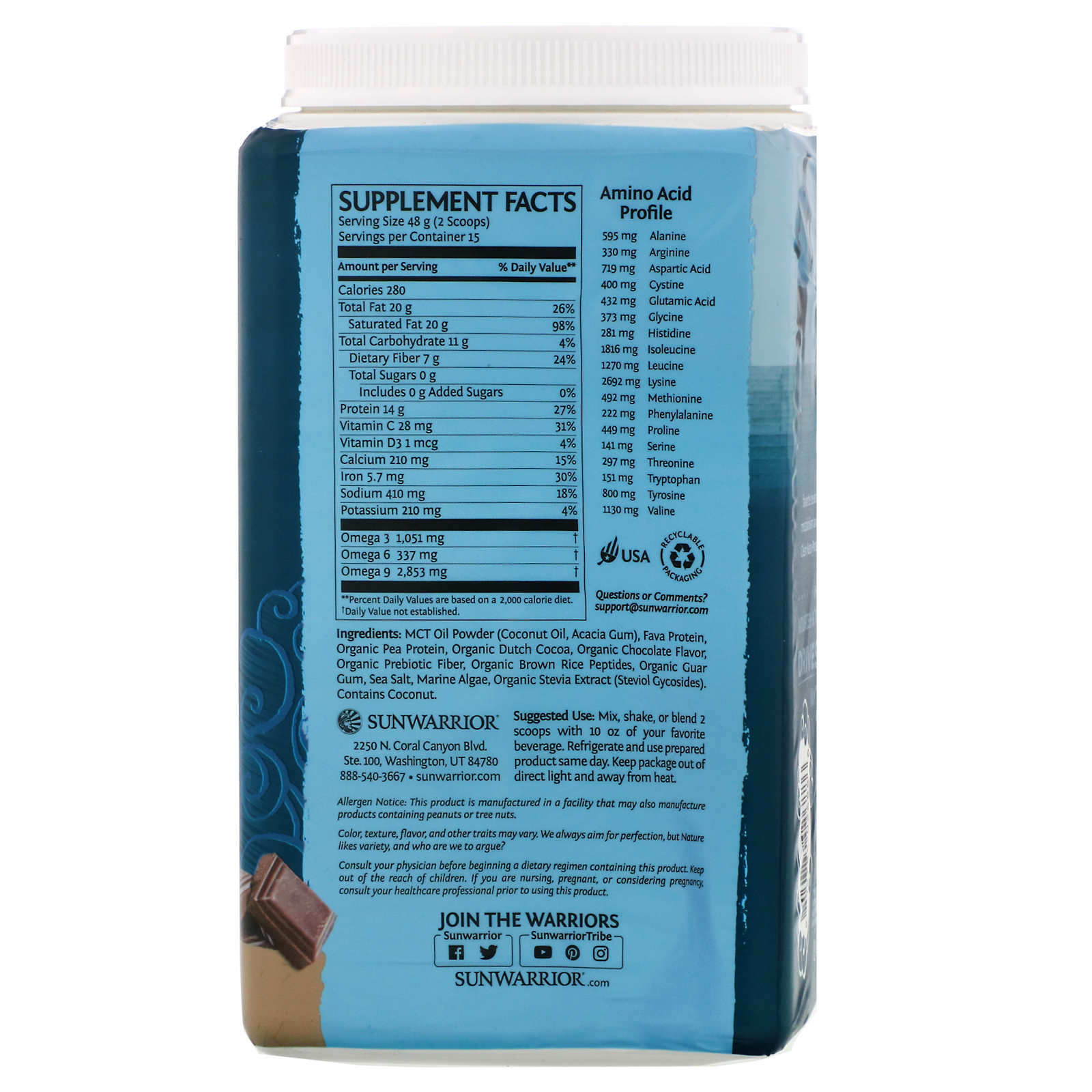 Sunwarrior, Plant-Based Clean Keto, Chocolate, 1.59 lb (720 g) - Imagem 2
