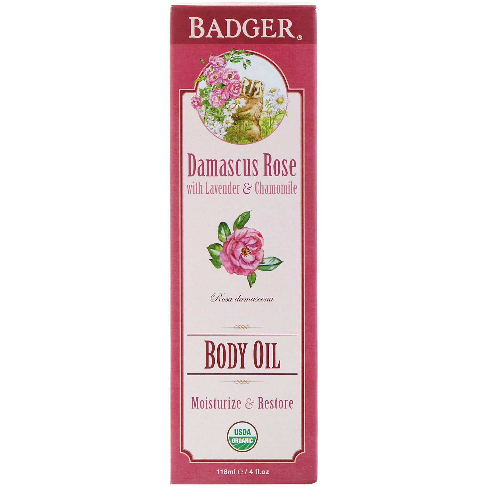 Badger Company, Óleo Corporal Antioxidante, Rosa Damasco, 4 fl oz (118 ml)