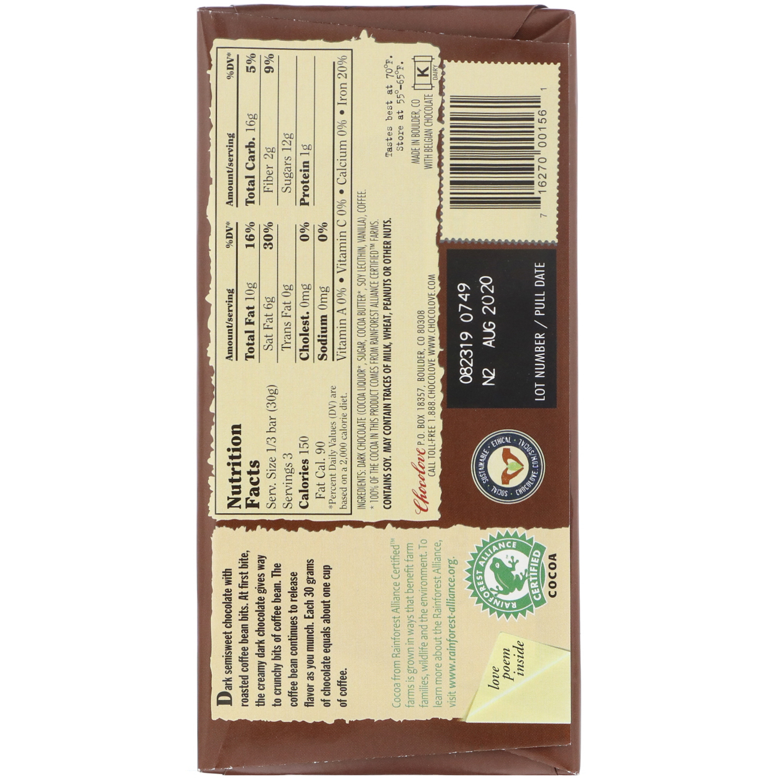 Chocolove, Coffee Crunch in Dark Chocolate, 55% Cocoa, 3.2 oz (90 g) - Imagem 2