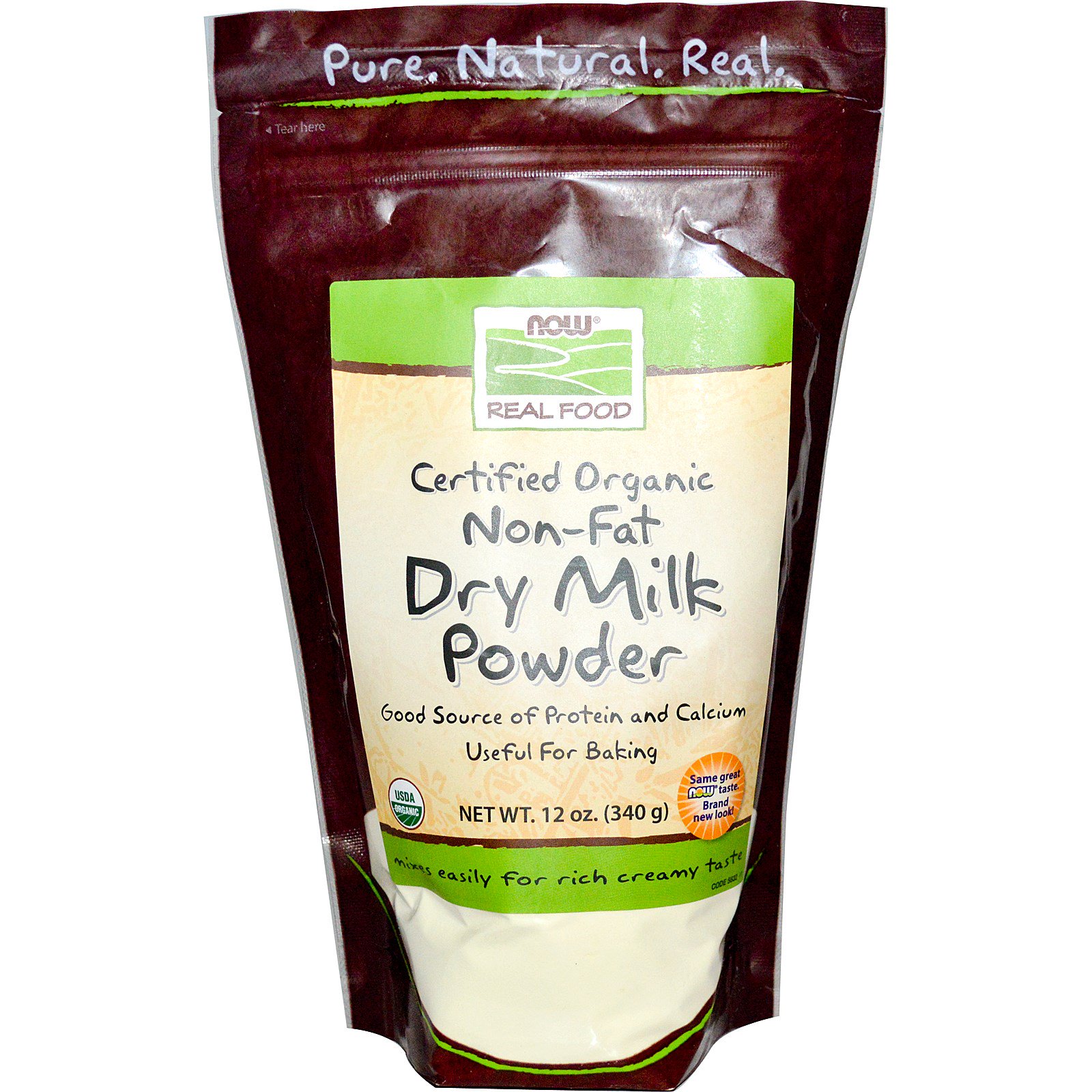 Now Foods, Real Food, Leite em Pó Sem Gordura Certificado Orgânico, 12 oz (340 g)