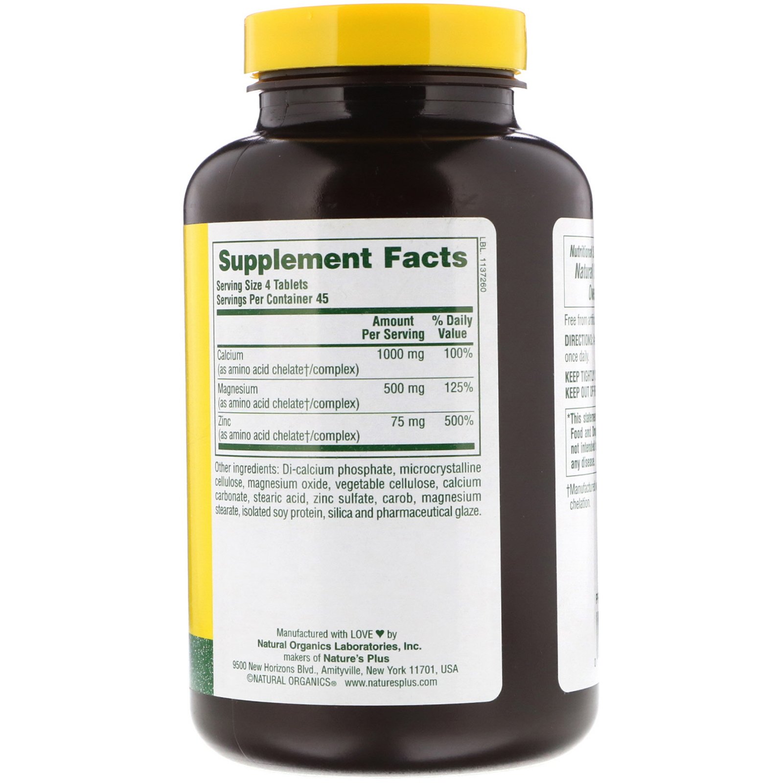 Nature's Plus, Cálcio, magnésio, zinco, 180 comprimidos - Imagem 2