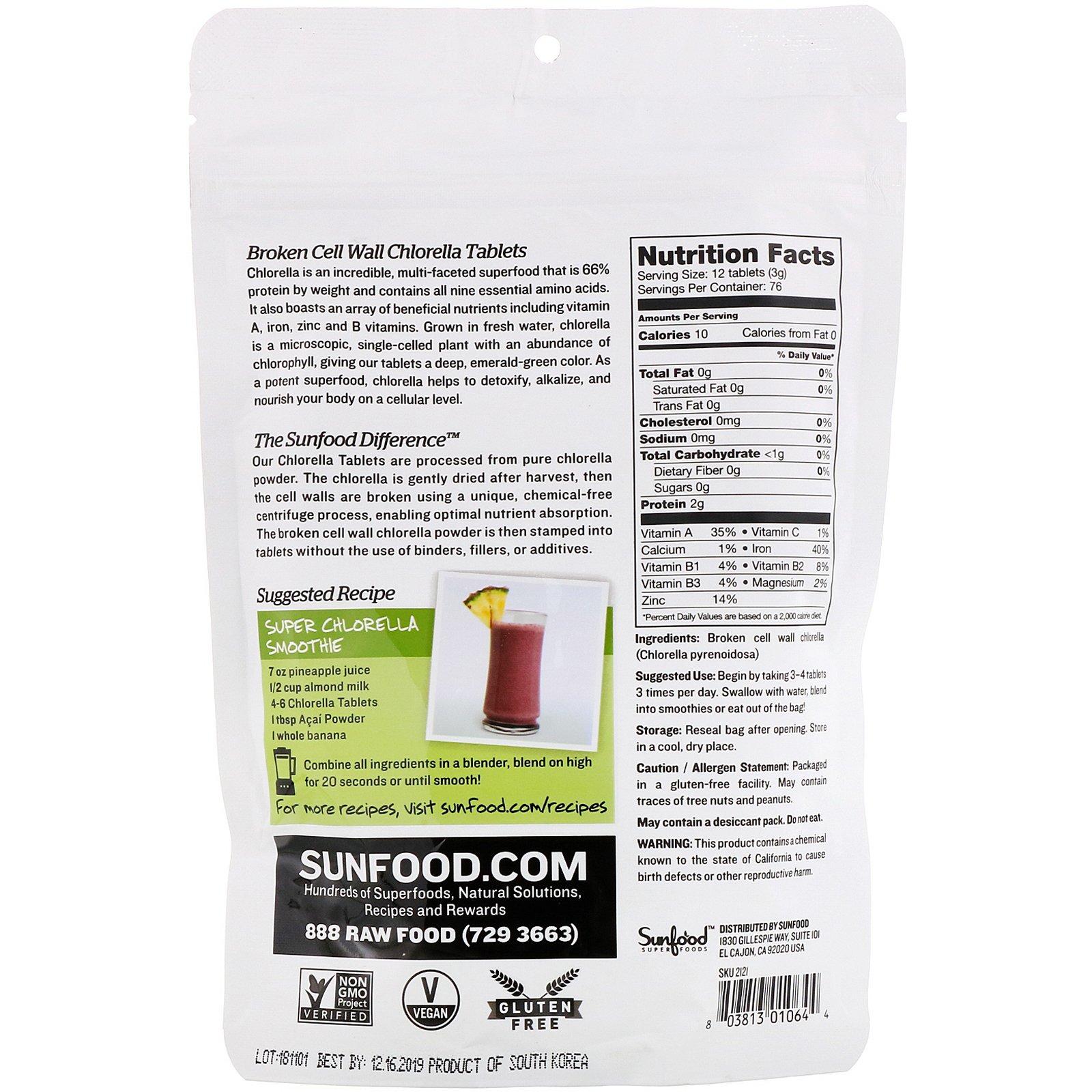 Sunfood, Broken Cell Wall Chlorella Tablets, 250 mg, 912 Tablets, 8 oz (227 g) - Imagem 2