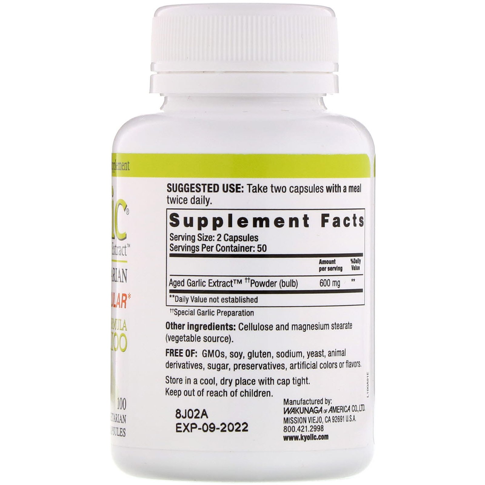 Kyolic, Aged Garlic Extract, Cardiovascular Formula 100, 100 Vegetarian Capsules - Imagem 2