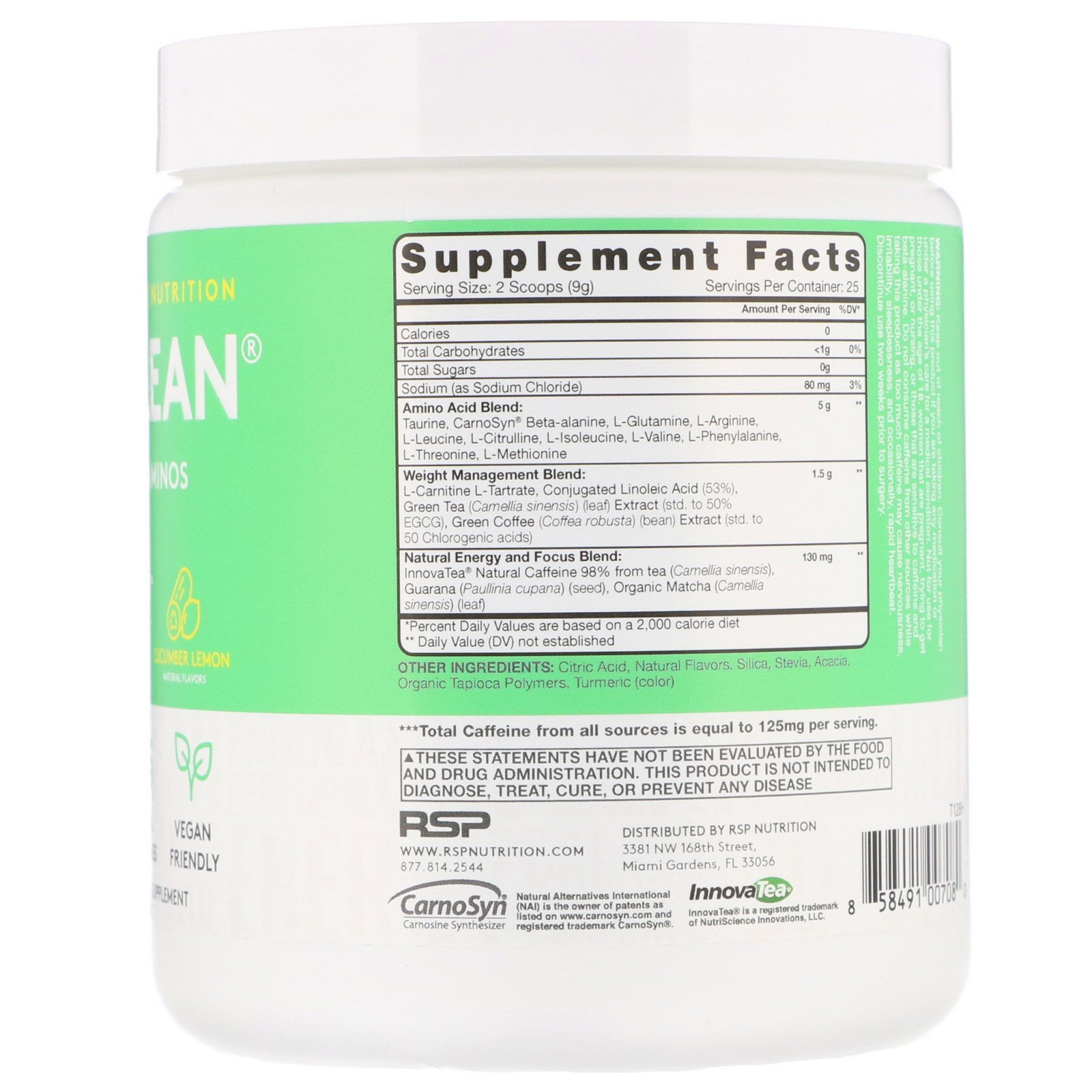 RSP Nutrition, AminoLean, Essential Vegan Aminos, Cucumber Lemon, 7.94 oz (225 g) - Imagem 2
