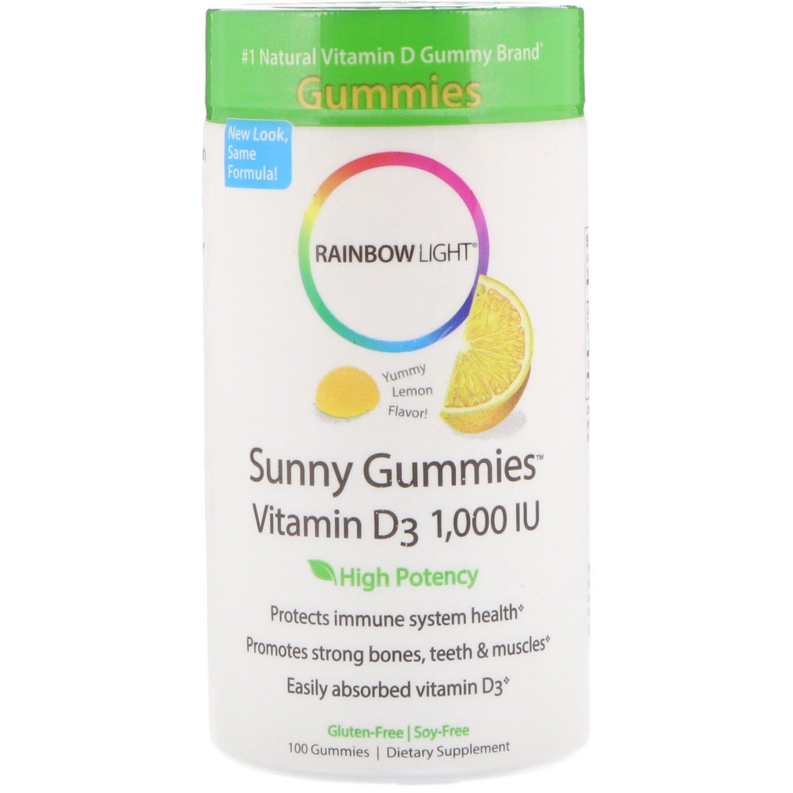 Rainbow Light, Sunny Gummies Vitamina D3, Deliciosas balas sabor limão, 1.000 IU, 100 balas mastigáveis
