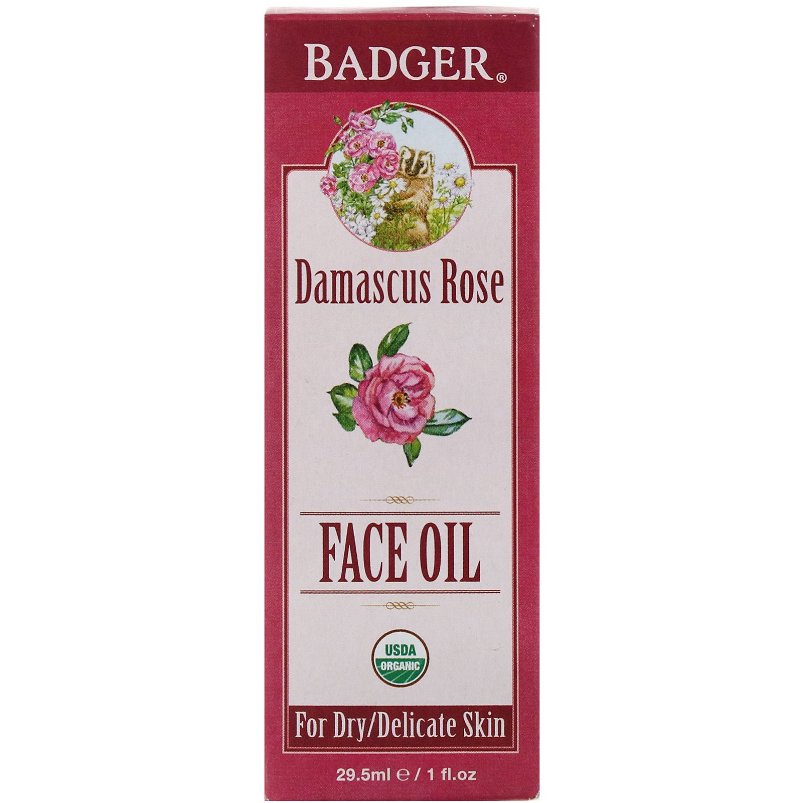 Badger Company, Organic, Face Oil, Damascus Rose, For Dry, Delicate Skin, 1 fl oz (29.5 ml)