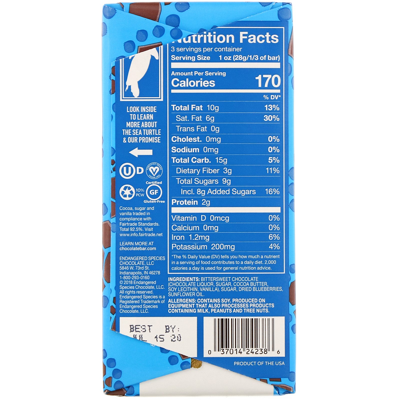 Endangered Species Chocolate, Luscious Blueberries + Dark Chocolate, 72% Cocoa, 3 oz (85 g) - Imagem 2