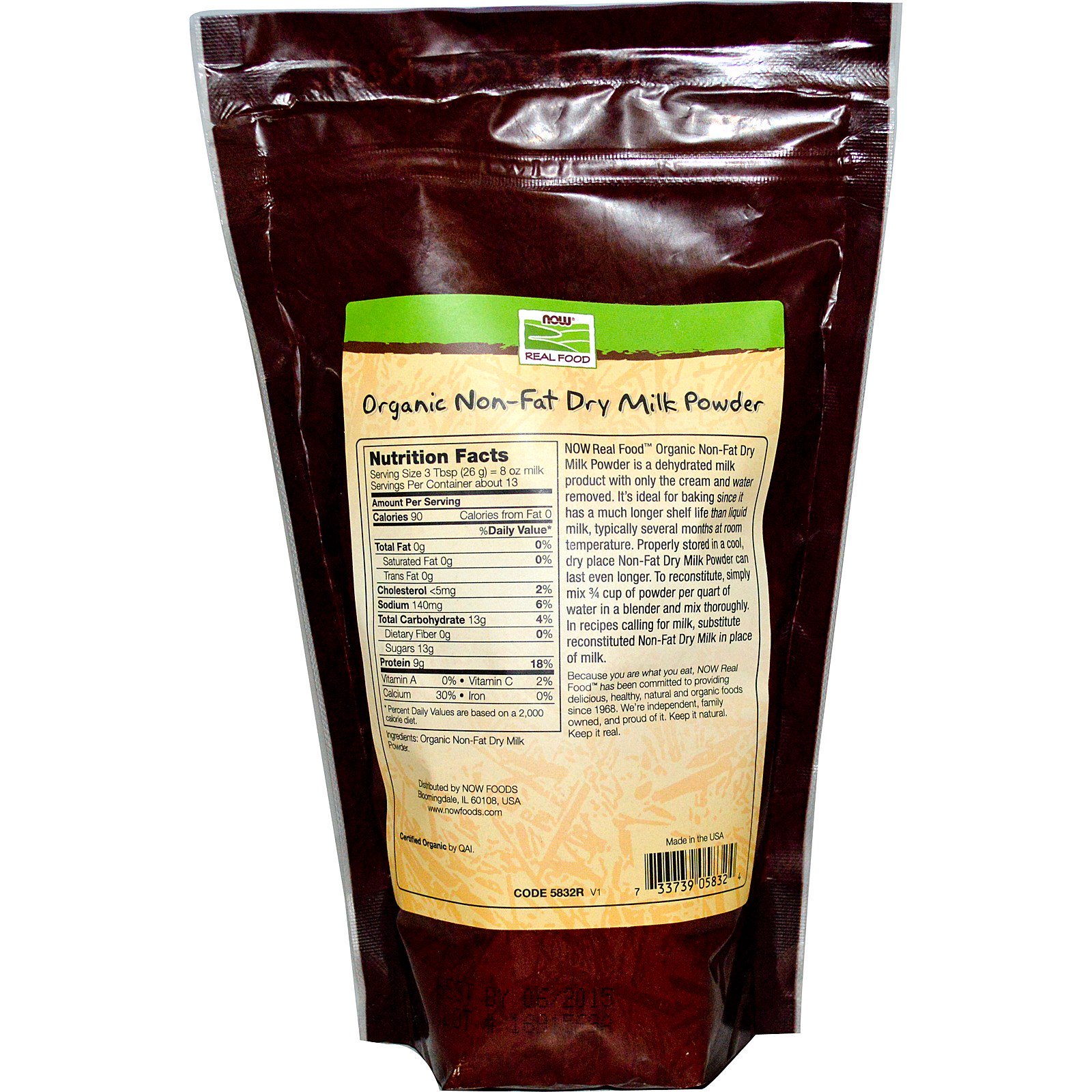 Now Foods, Real Food, Leite em Pó Sem Gordura Certificado Orgânico, 12 oz (340 g) - Imagem 2