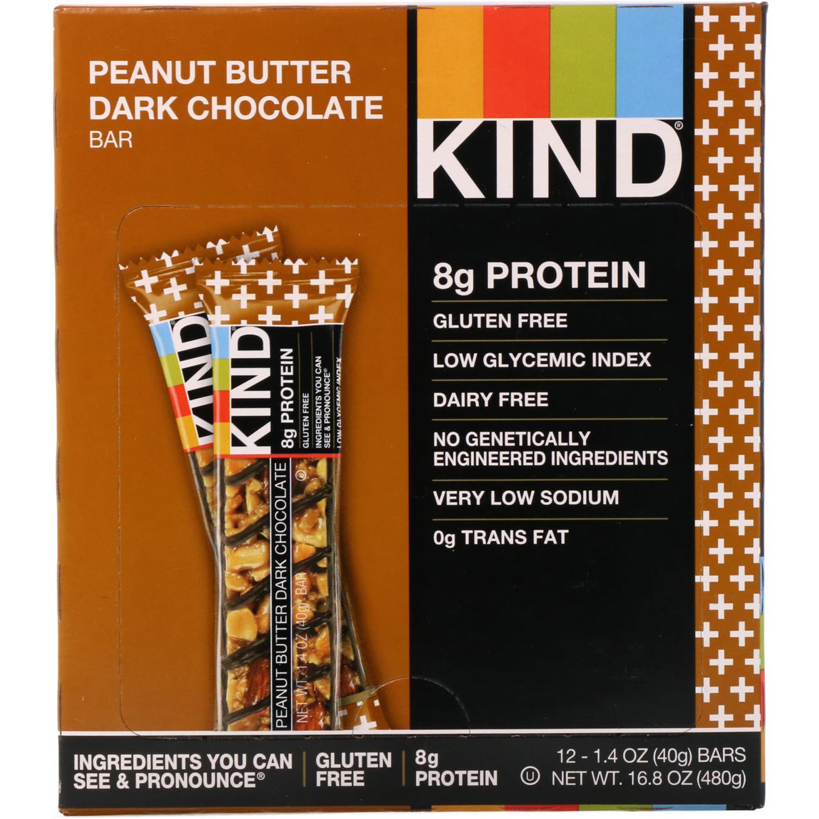 KIND Bars, Kind Plus, Peanut Butter Dark Chocolate Bar, 12 Bars, 1.4 oz (40 g) Each - Imagem 2