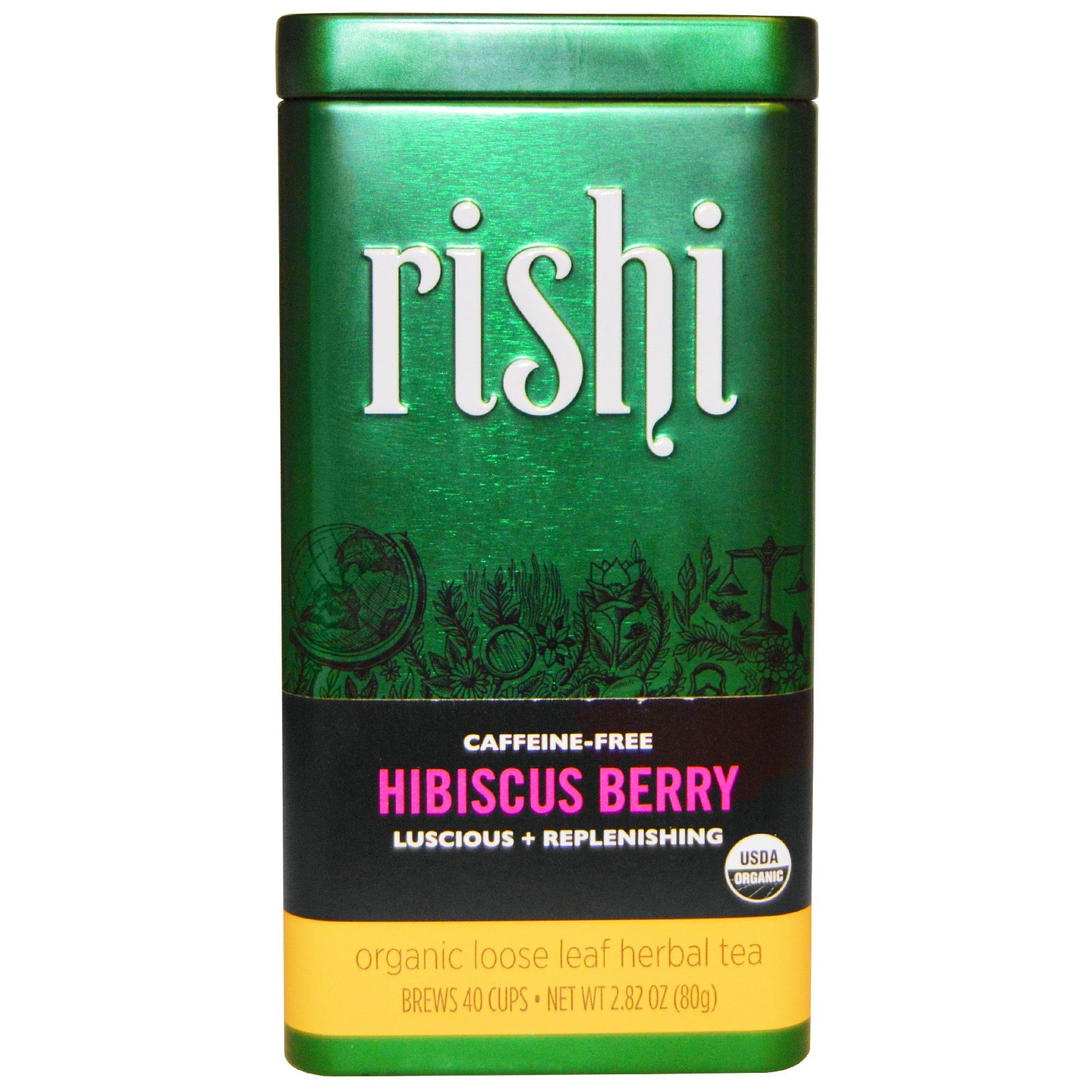 Rishi Tea, Folhas Soltas de Chá de Ervas Orgânico, Hibisco, sem cafeína, 2.82 oz (80 g)
