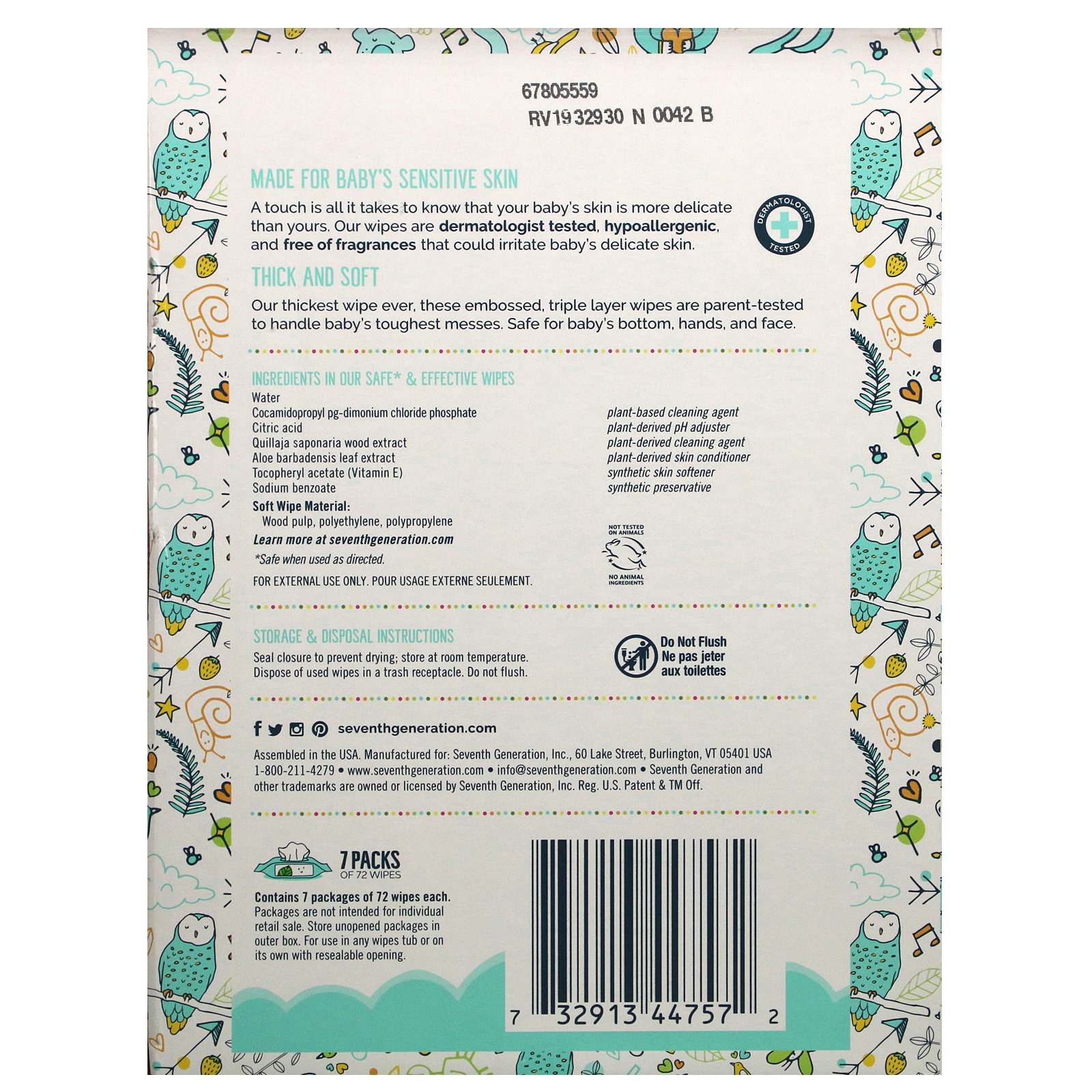 Seventh Generation, Baby Wipes, Free & Clear, 504 Wipes - Imagem 3